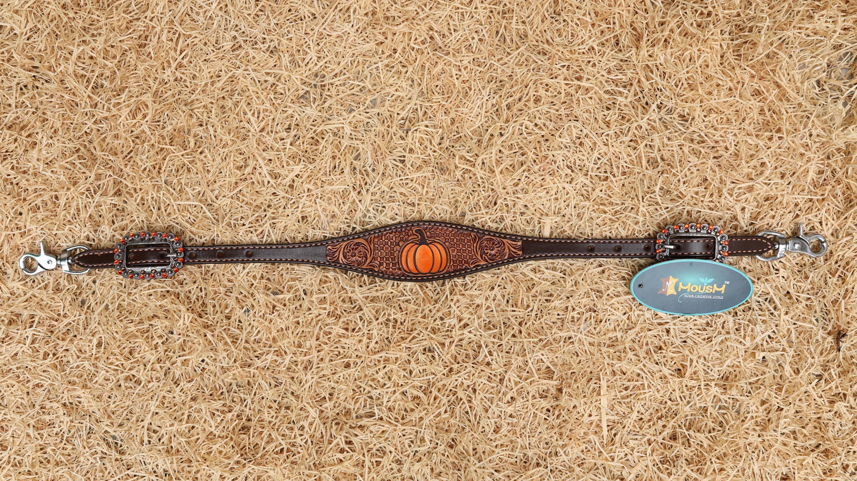 MOUSM Spooky Western Horse Tack Collection – Decorated with Hand-Painted Halloween Pumpkin, Window Tooling & Floral Carving with Rhinestone Conchos