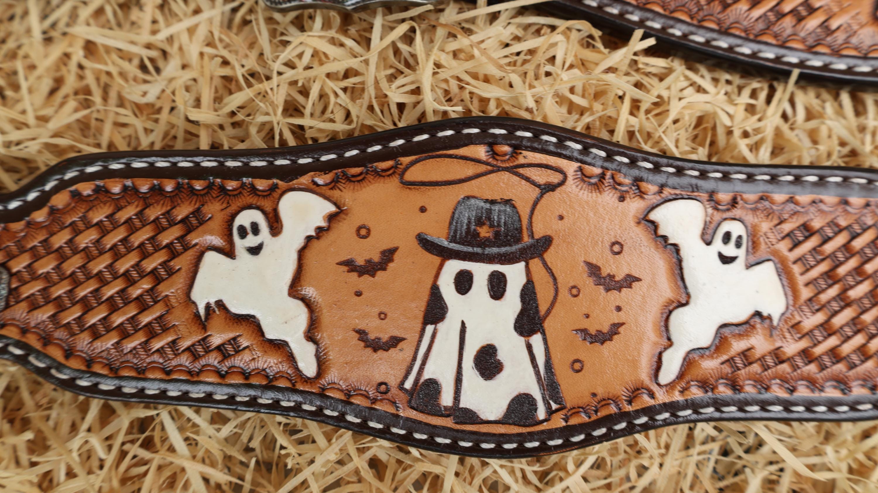 MOUSM Spooky Western Leather Horse Tack Collection – Headstall & Breast Collar Set Decorated with Hand-Painted Cowboy Ghost, Basket Tooling & Pumpkin Rhinestone Conchos