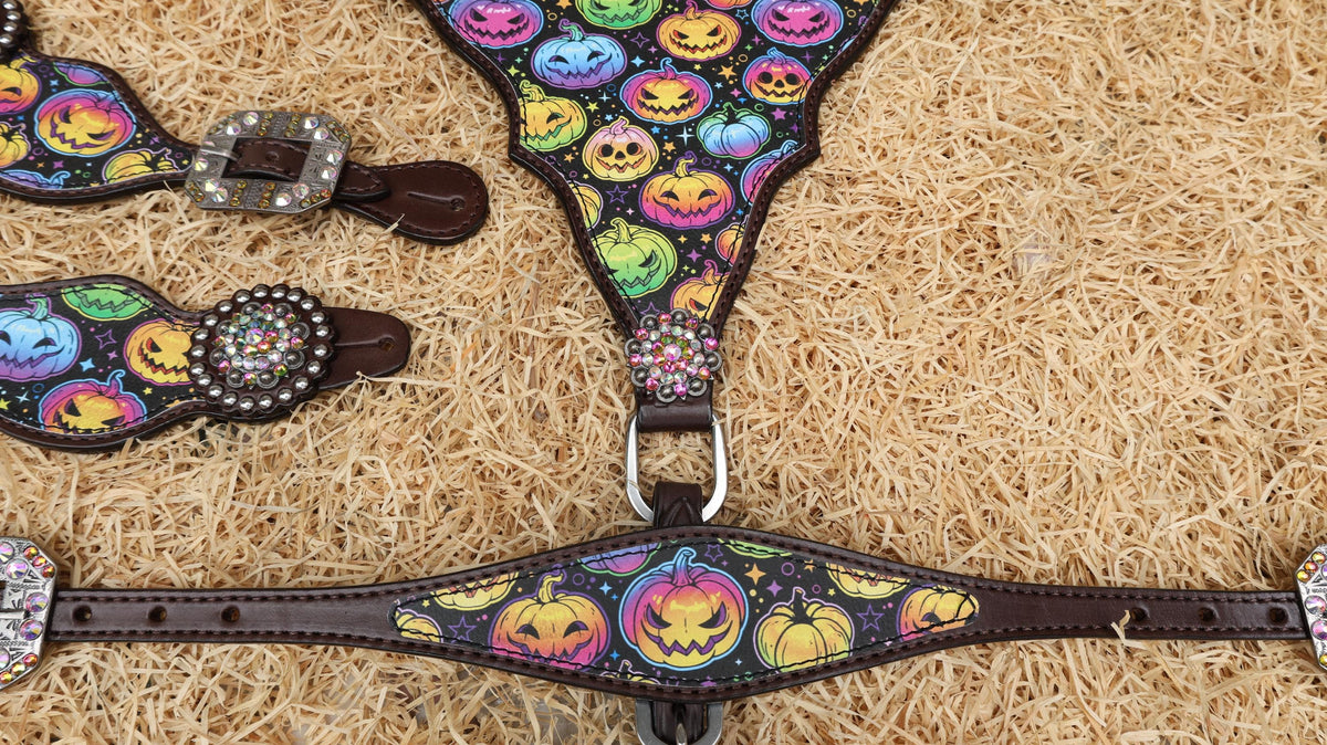 Fluorescent Halloween Pumpkin Print 5 Pieces Headstall Tack Set