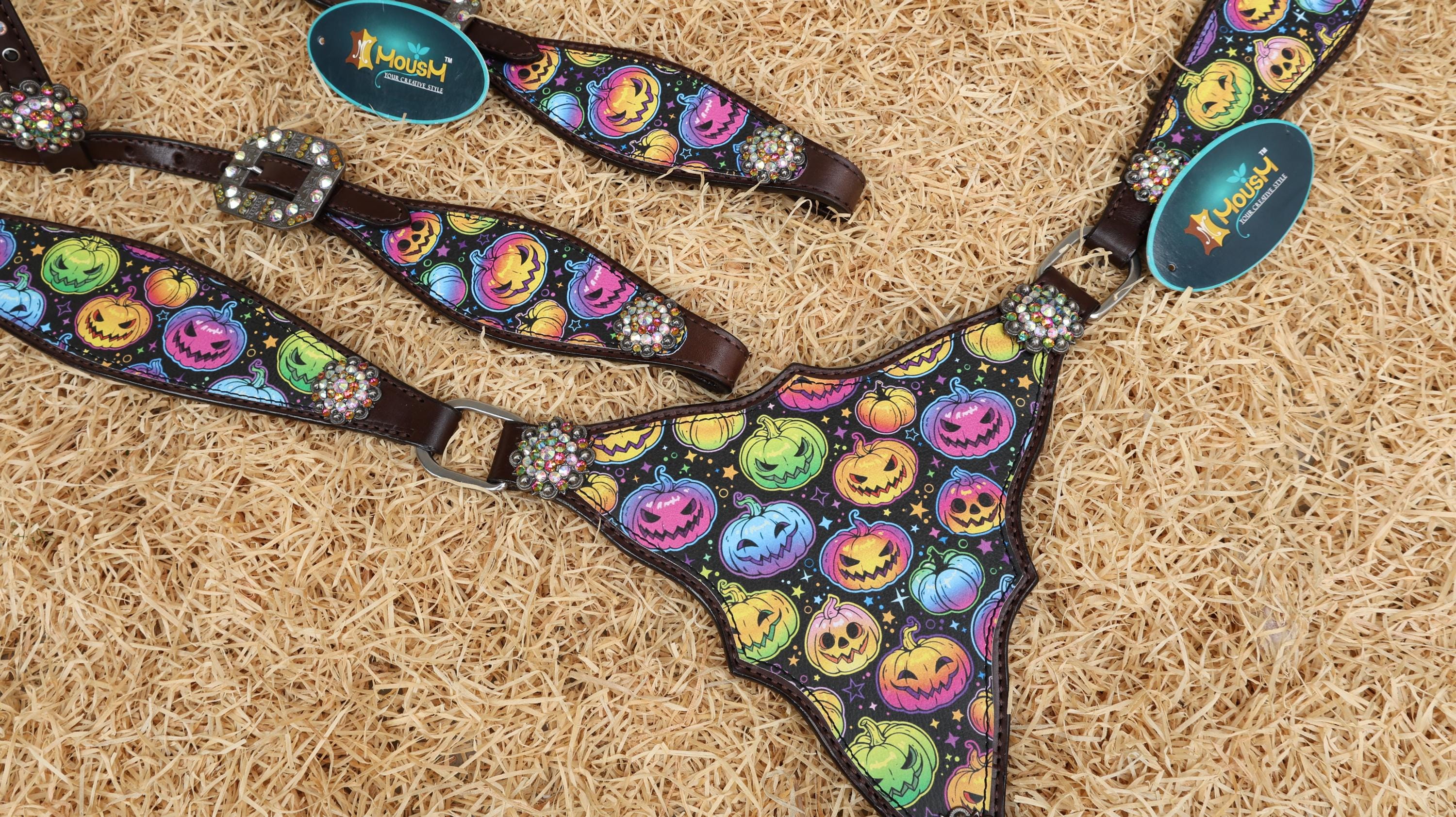 MOUSM Spooky Western Leather Horse Tack Set – Headstall & Breast Collar Decorated with Fluorescent Halloween Pumpkin Print & Rhinestone Conchos