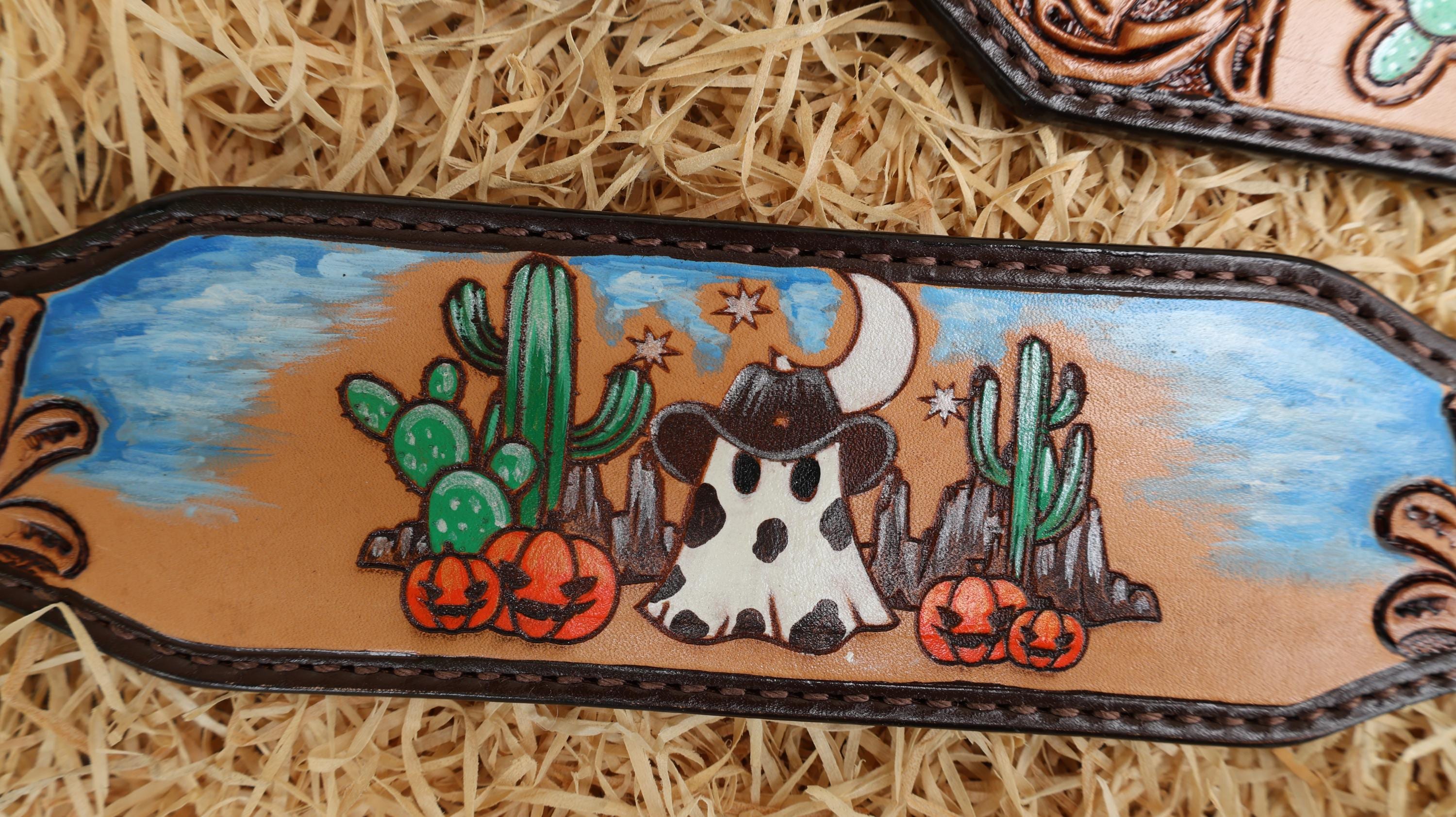 MOUSM Spooky Western Leather Horse Tack Set – Headstall & Breast Collar Decorated with Cowboy Ghost, Cactus, and Halloween Pumpkin Hand-Painted and Hand Flower Carving with Antique Finish