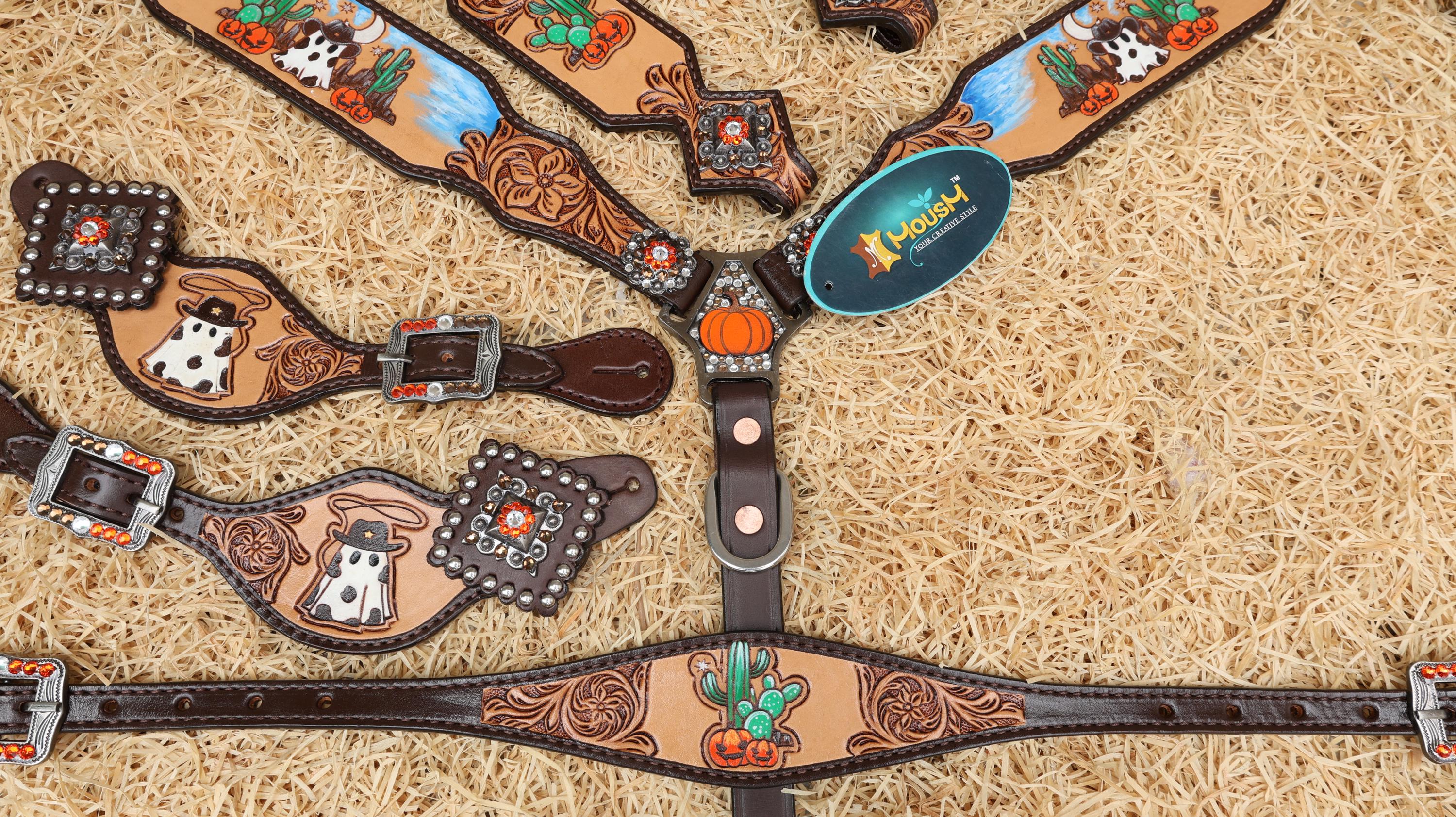 MOUSM Spooky Western Leather Horse Tack Set – Headstall & Breast Collar Decorated with Cowboy Ghost, Cactus, and Halloween Pumpkin Hand-Painted and Hand Flower Carving with Antique Finish