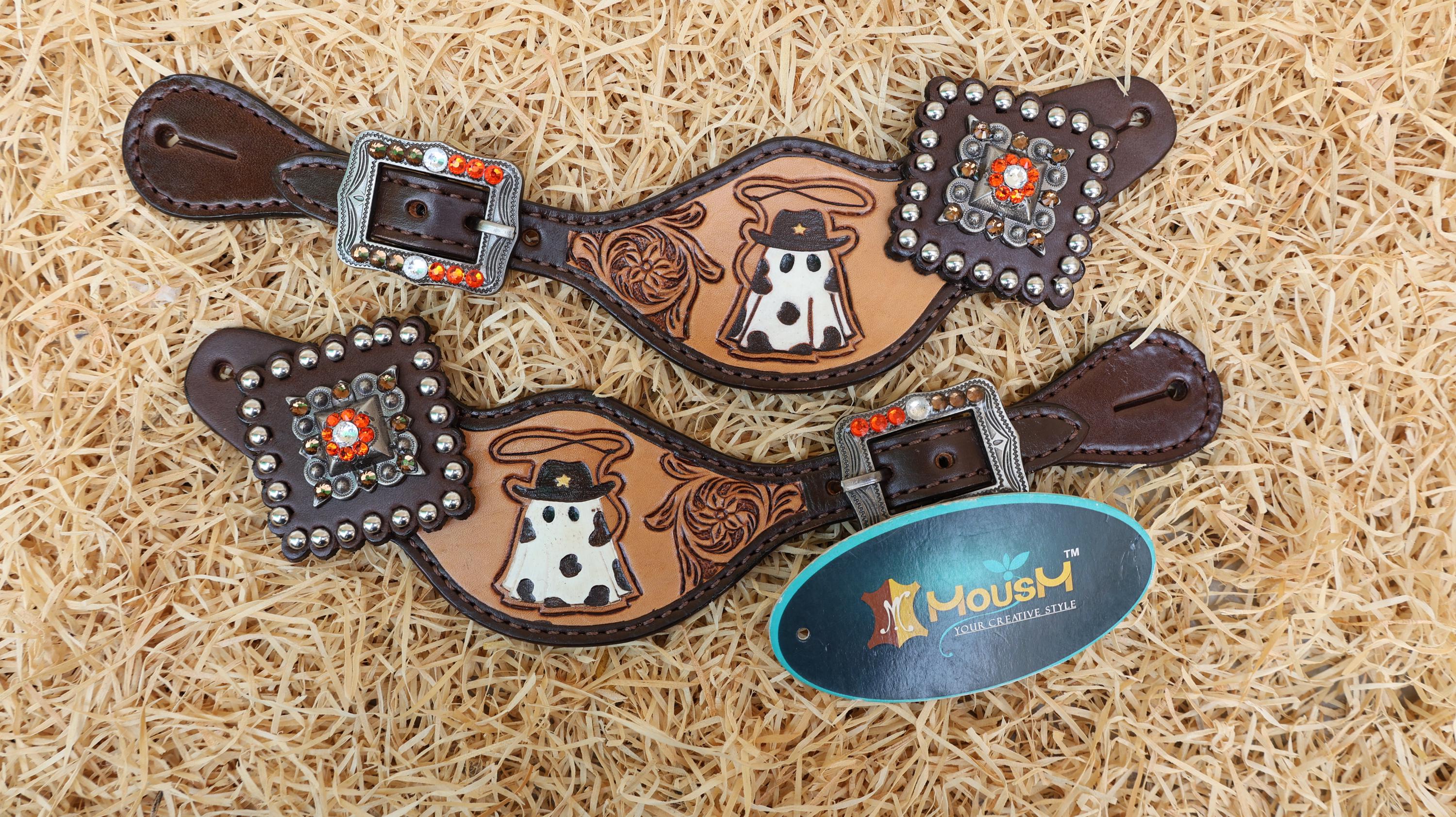 MOUSM Spooky Western Leather Horse Tack Set – Headstall & Breast Collar Decorated with Cowboy Ghost, Cactus, and Halloween Pumpkin Hand-Painted and Hand Flower Carving with Antique Finish
