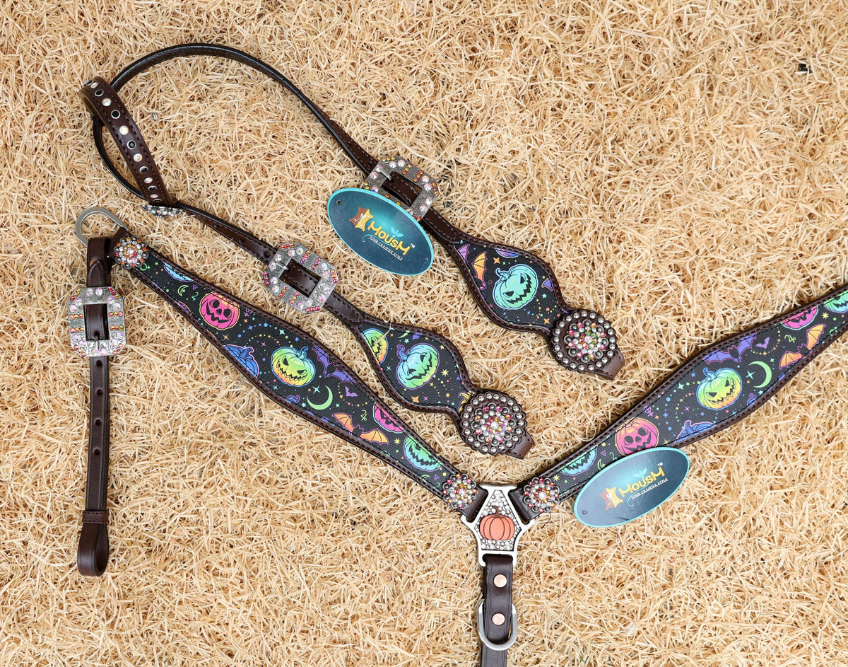 Halloween Headstall and Breast Collar Set Pumpkin & Bat Print