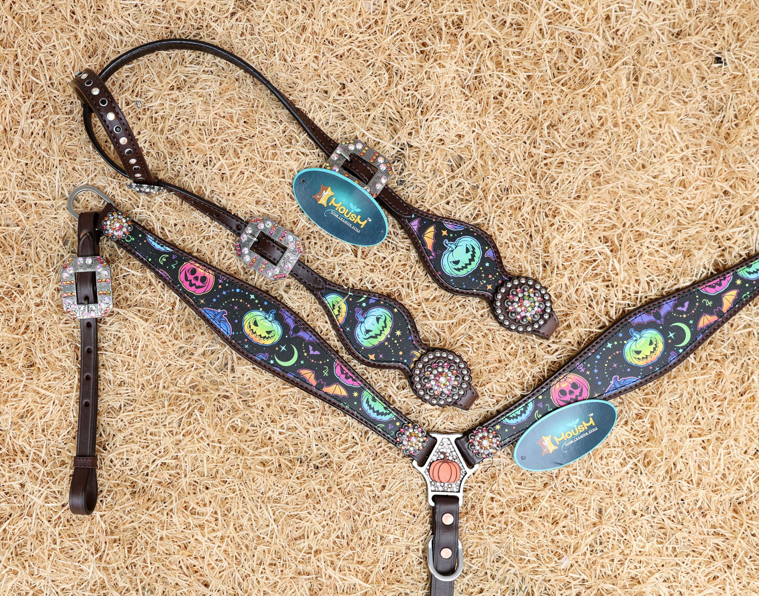 MOUSM Spooky Halloween Western Headstall & Breast Collar Set – Made from Argentina Cow Leather Decorated with Fluorescent Pumpkin & Bat Print with Rhinestone Conchos