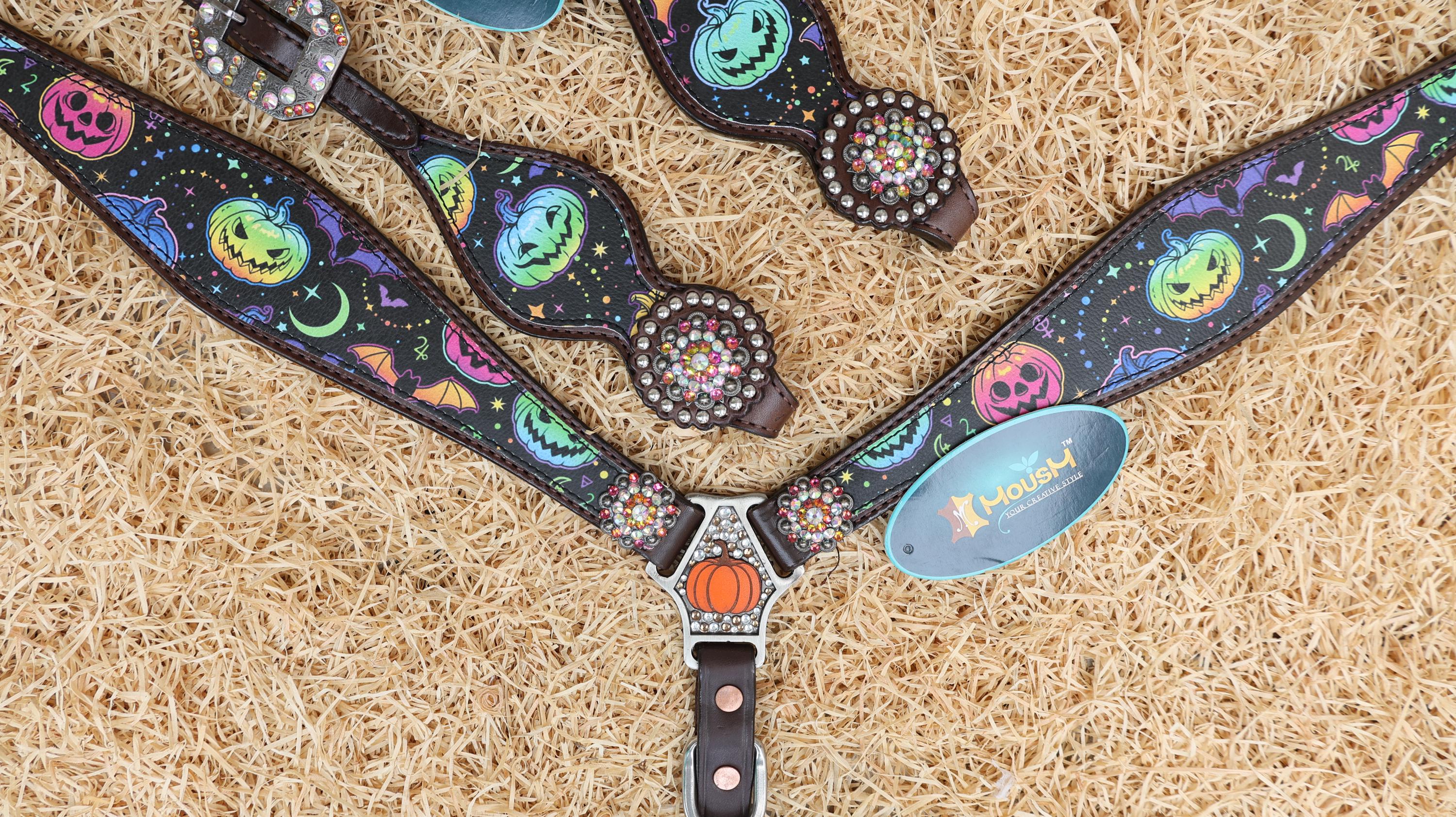 MOUSM Spooky Halloween Western Headstall & Breast Collar Set – Made from Argentina Cow Leather Decorated with Fluorescent Pumpkin & Bat Print with Rhinestone Conchos