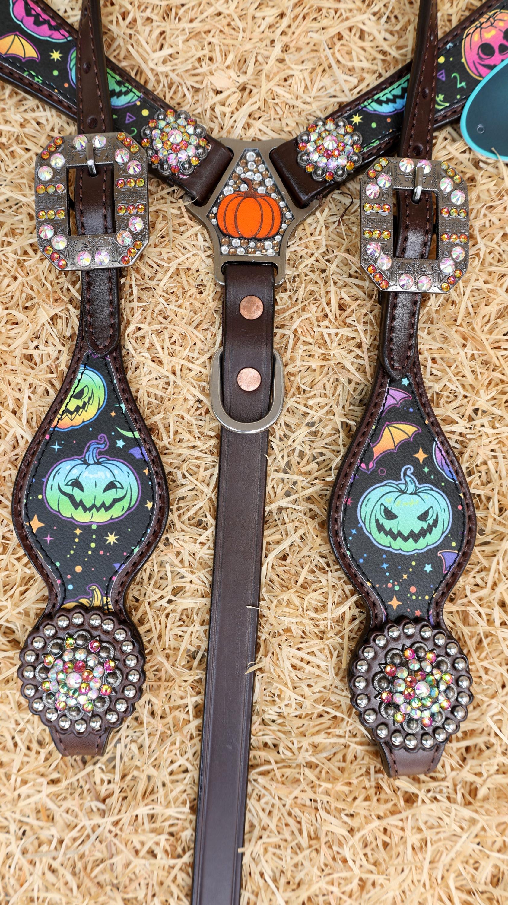 MOUSM Spooky Halloween Western Headstall & Breast Collar Set – Made from Argentina Cow Leather Decorated with Fluorescent Pumpkin & Bat Print with Rhinestone Conchos