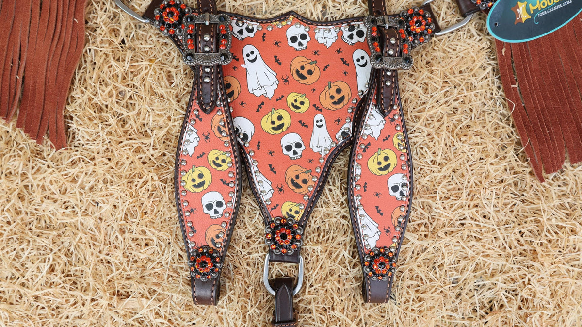 Halloween Pumpkin, Ghost and Bats Print Complete Headstall Set