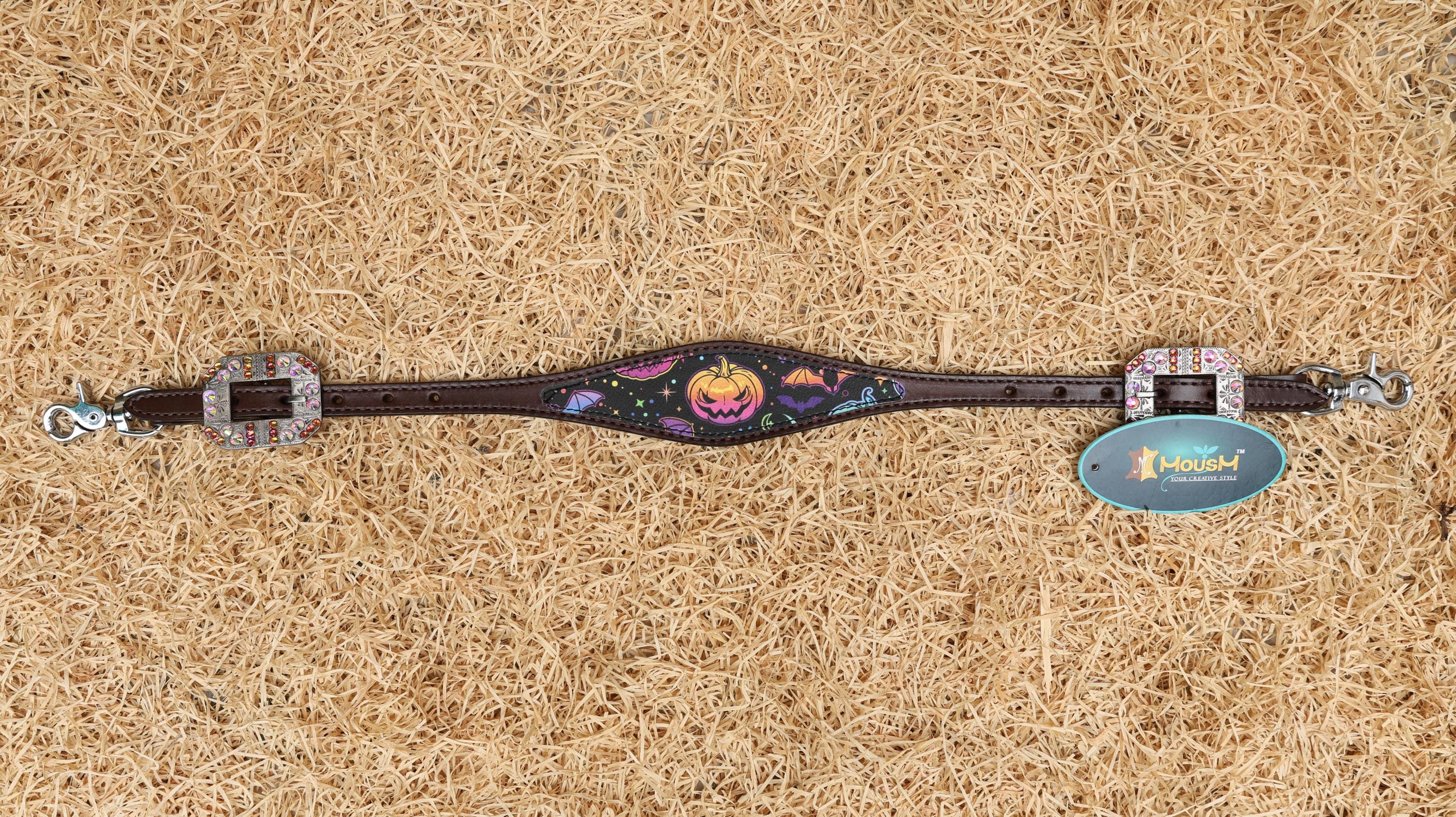 MOUSM SPOOKY Western Leather Horse Tack Set – Headstall & Breast Collar Decorated with Fluorescent Halloween Pumpkin & Bat Print Rhinestone Concho