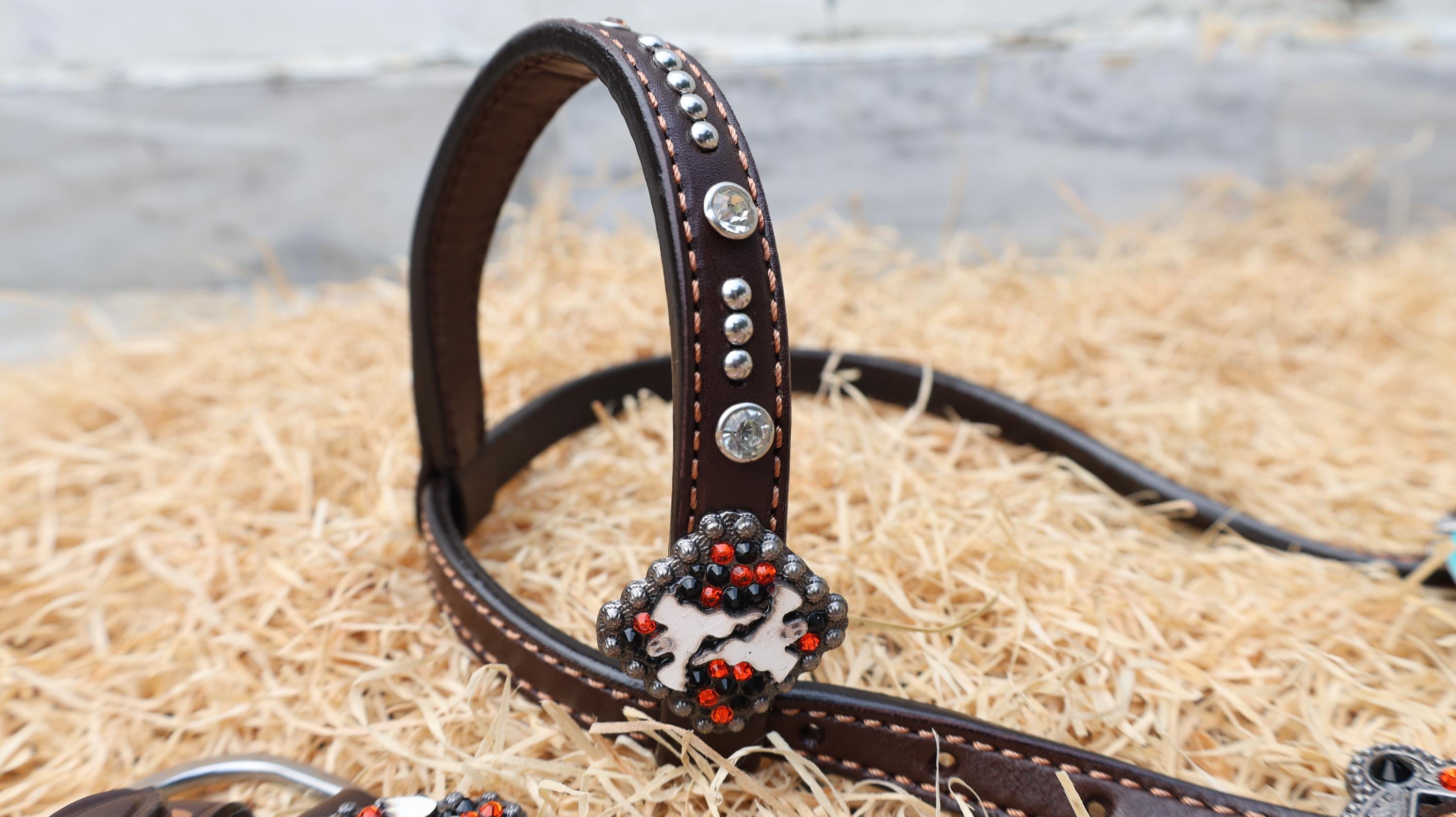 MOUSM Spooky Halloween Western Headstall & Breast Collar Set – Made from Argentina Cow Leather with Ghost & Skull Print, Decorated with Dazzling Rhinestone Conchos