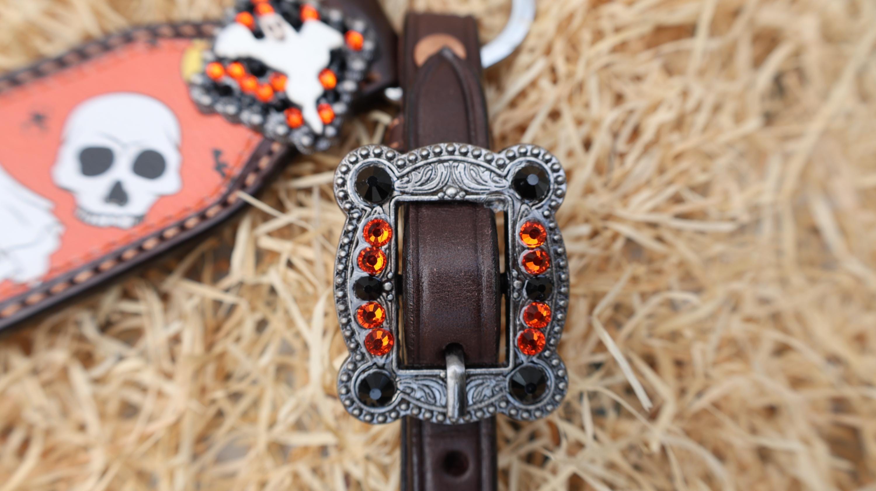 MOUSM Spooky Halloween Western Headstall & Breast Collar Set – Made from Argentina Cow Leather with Ghost & Skull Print, Decorated with Dazzling Rhinestone Conchos