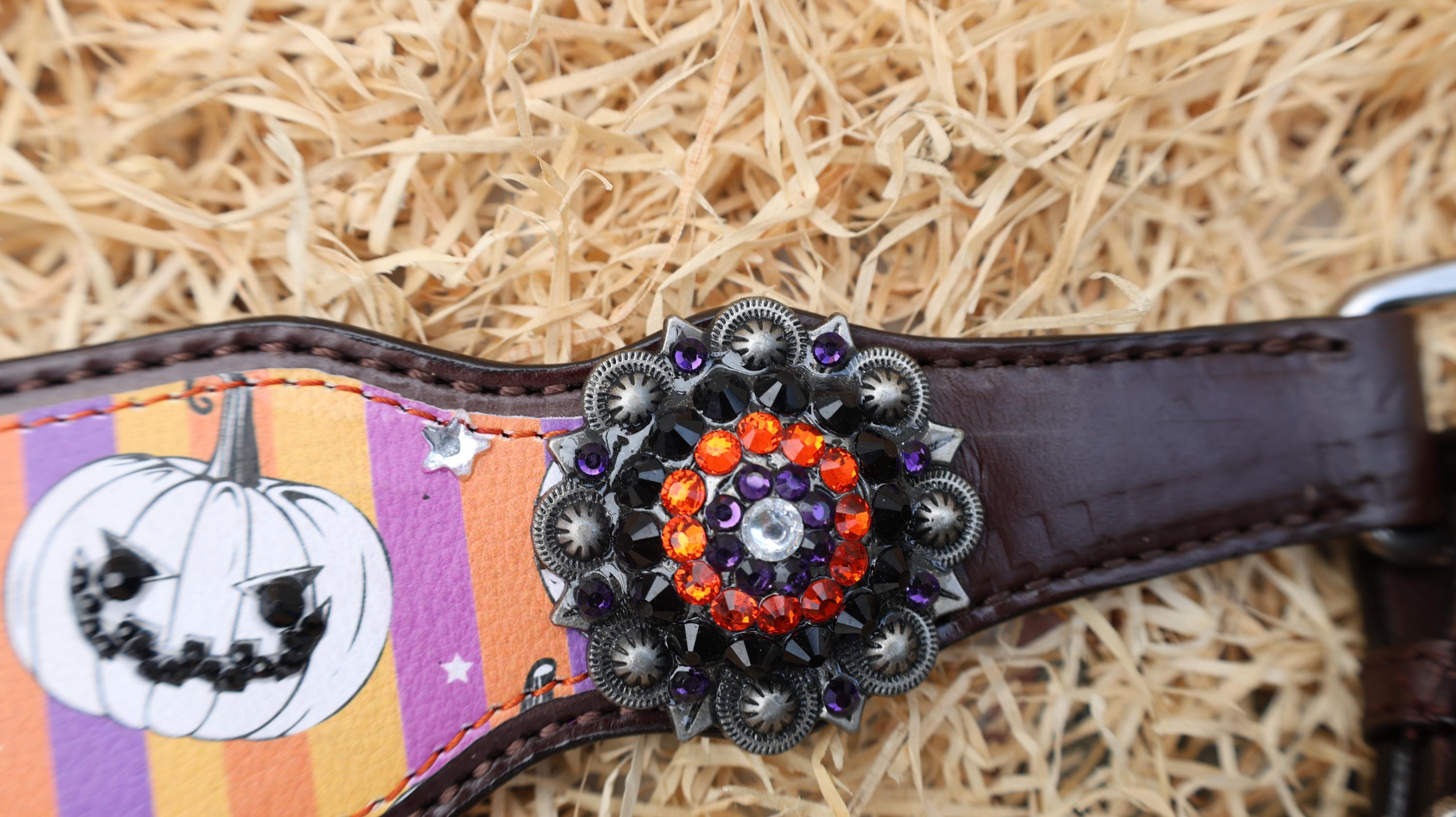 MOUSM Spooky Halloween Western Headstall Breast Collar Set – Made from Argentina Cow Leather with Laughing Pumpkin Print & Rhinestone Conchos on Vibrant Striped Background