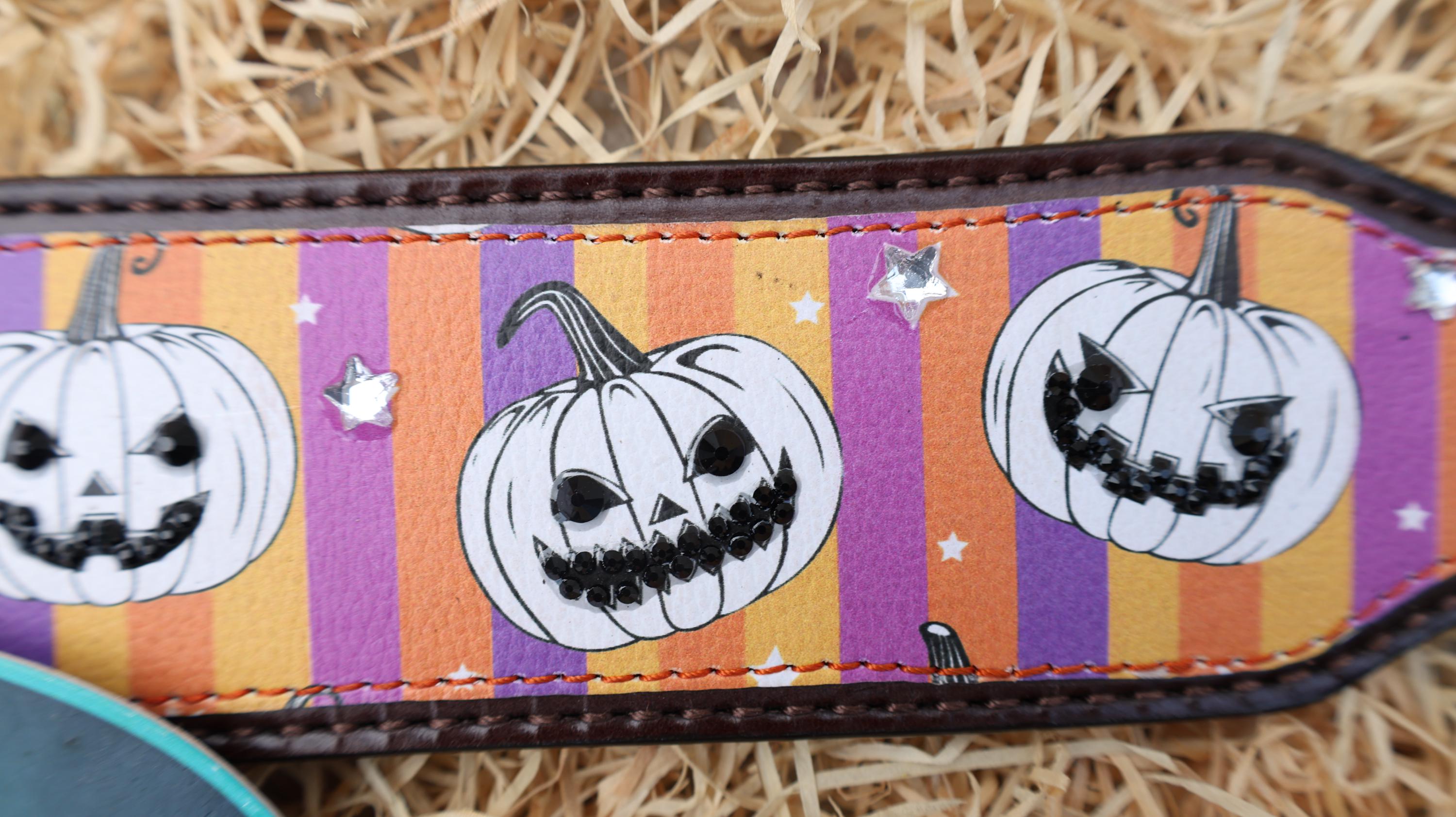 MOUSM Spooky Halloween Western Headstall Breast Collar Set – Made from Argentina Cow Leather with Laughing Pumpkin Print & Rhinestone Conchos on Vibrant Striped Background
