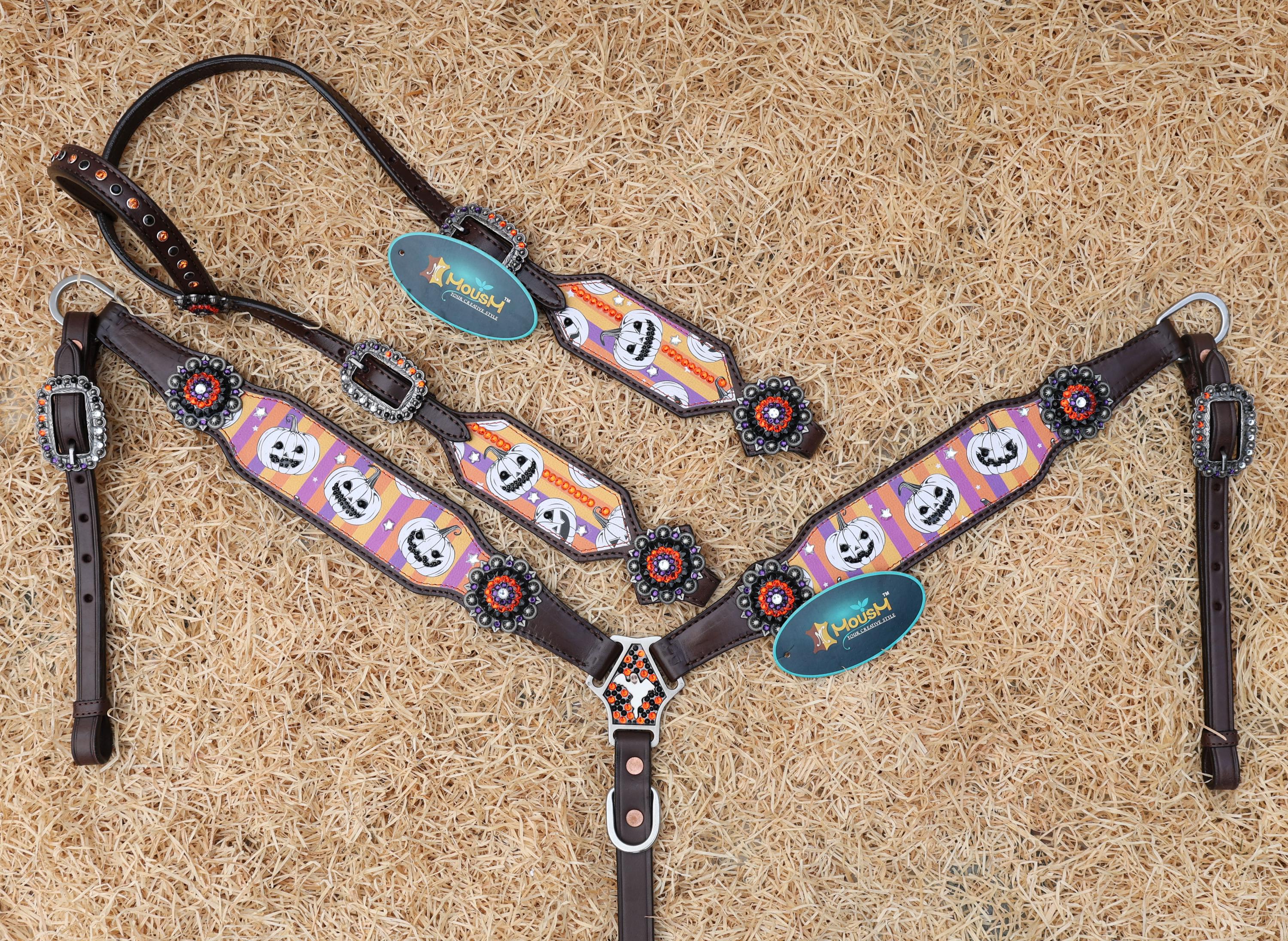 MOUSM Spooky Halloween Western Headstall Breast Collar Set – Made from Argentina Cow Leather with Laughing Pumpkin Print & Rhinestone Conchos on Vibrant Striped Background