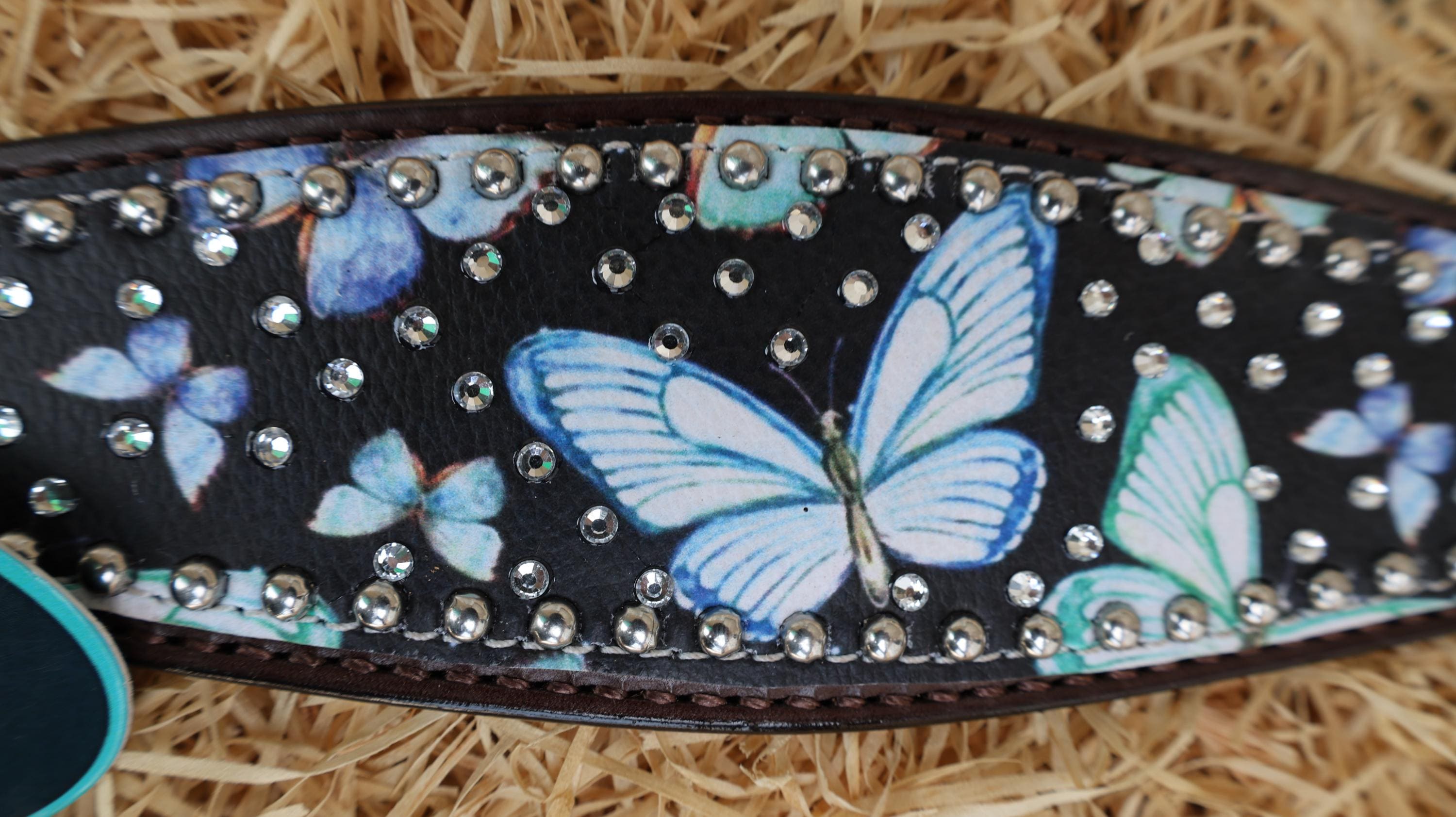 Western Leather Horse Tack Set – Headstall & Breast Collar Decorated with Blue & Turquoise Butterflies with Silver Rhinestone Conchos