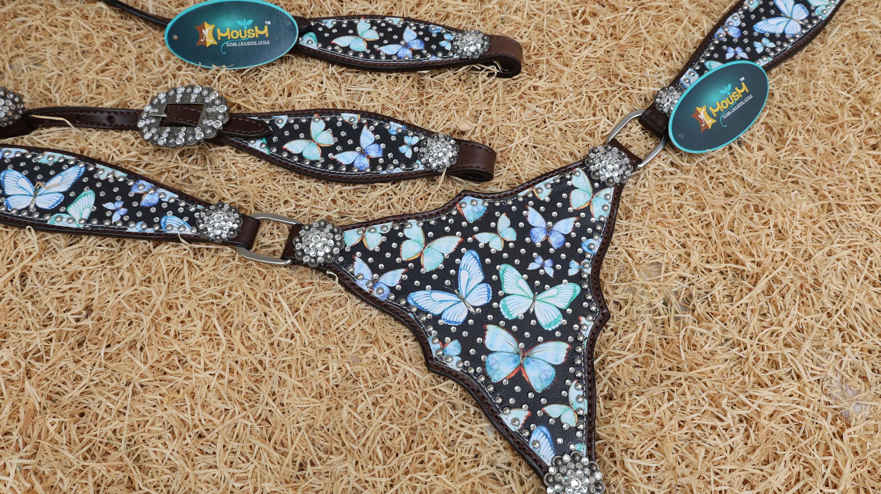 Western Leather Horse Tack Set – Headstall & Breast Collar Decorated with Blue & Turquoise Butterflies with Silver Rhinestone Conchos