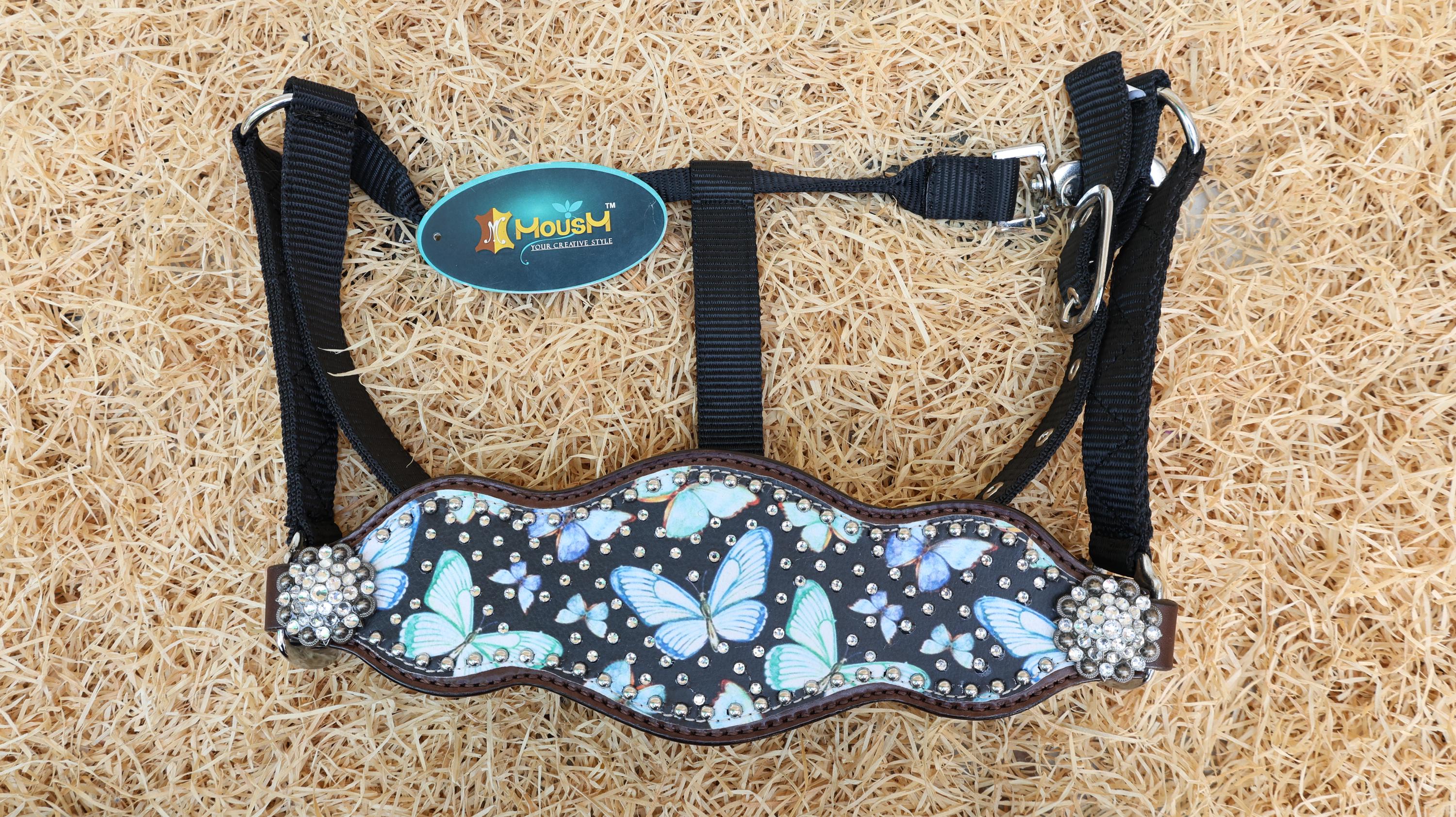 Western Leather Horse Tack Set – Headstall & Breast Collar Decorated with Blue & Turquoise Butterflies with Silver Rhinestone Conchos