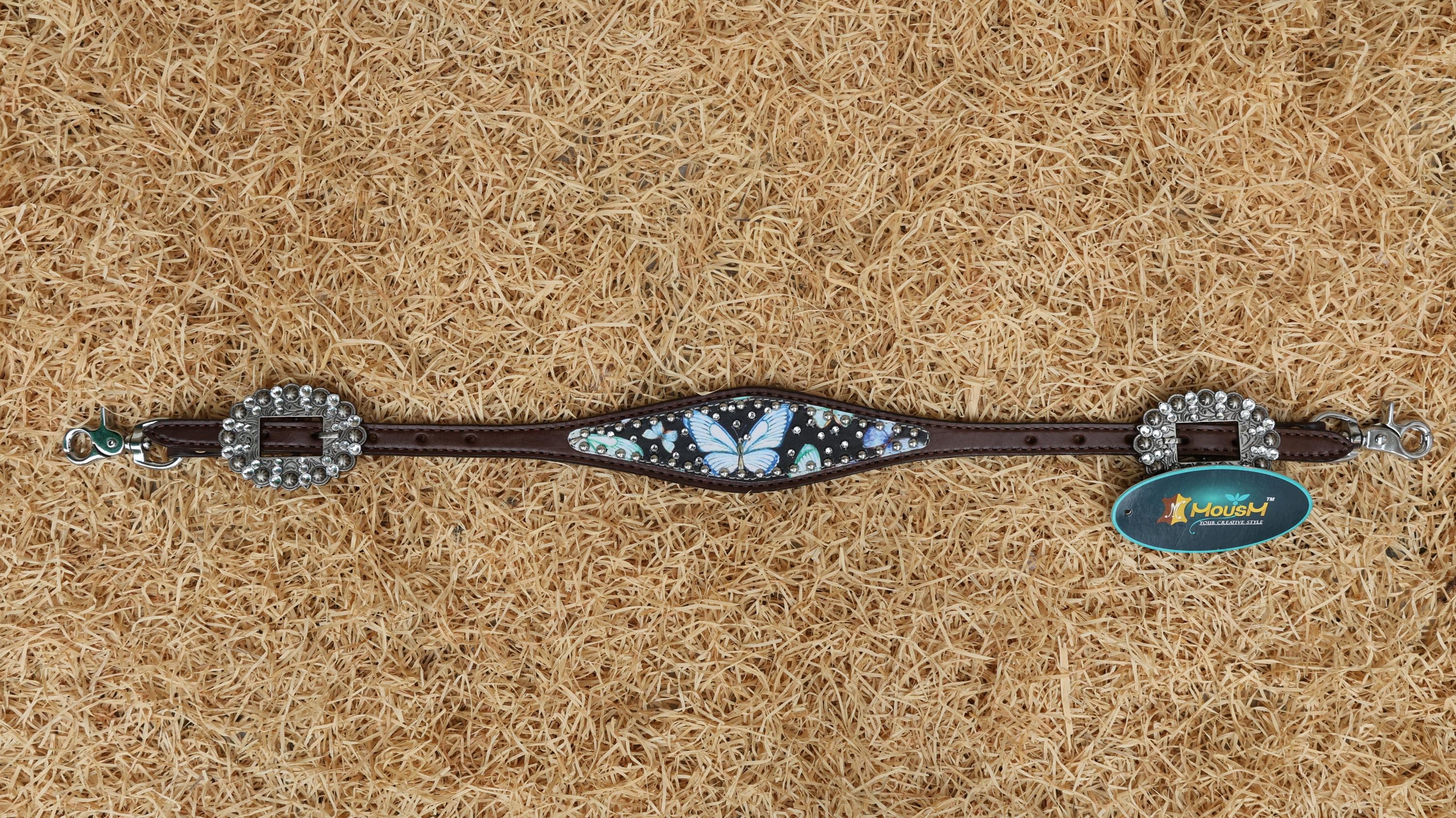 Western Leather Horse Tack Set – Headstall & Breast Collar Decorated with Blue & Turquoise Butterflies with Silver Rhinestone Conchos