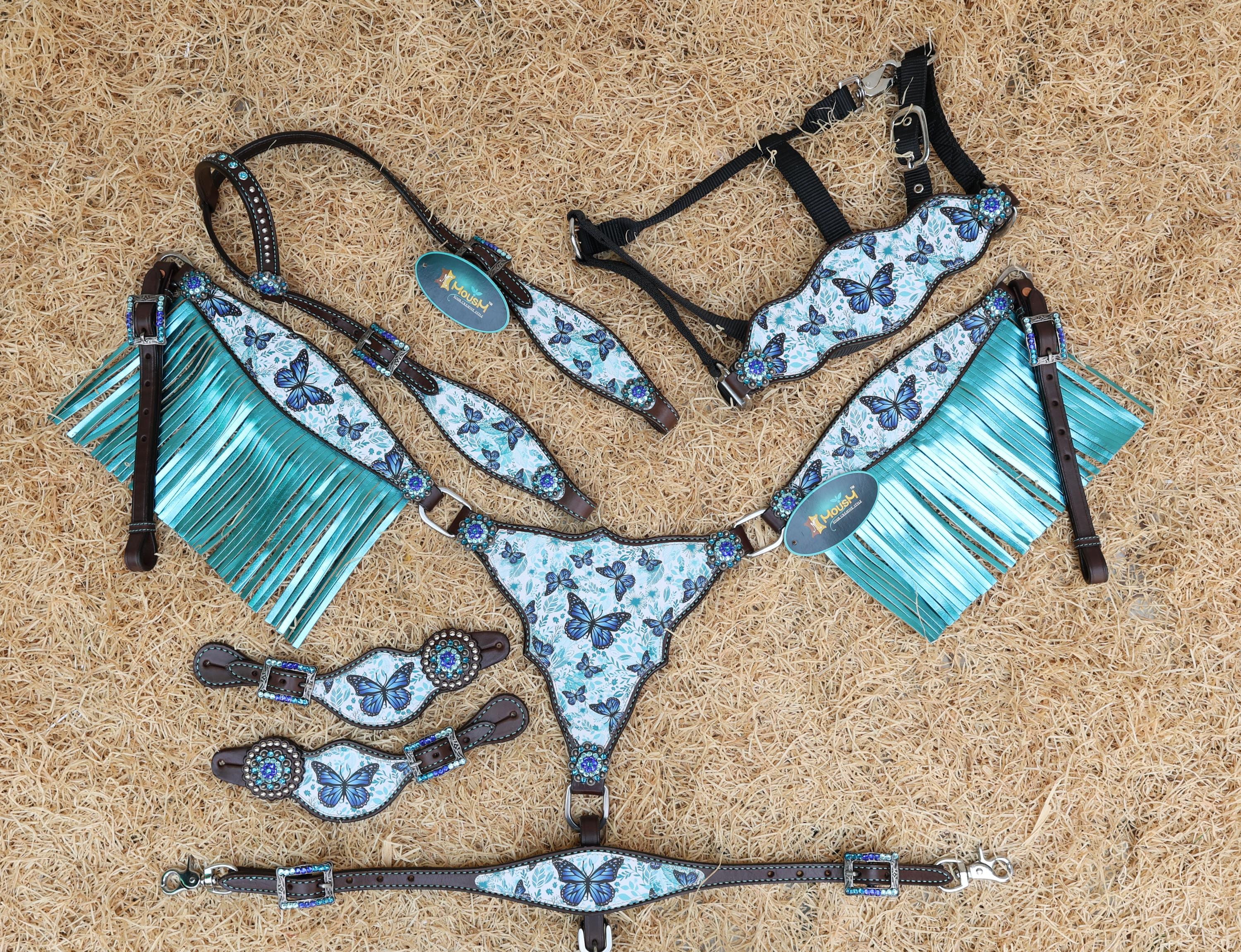 Butterfly Horse Tack, Western Leather Headstall Breast Collar tack Set with turquoise royal blue butterfly print turquoise metallic fringe