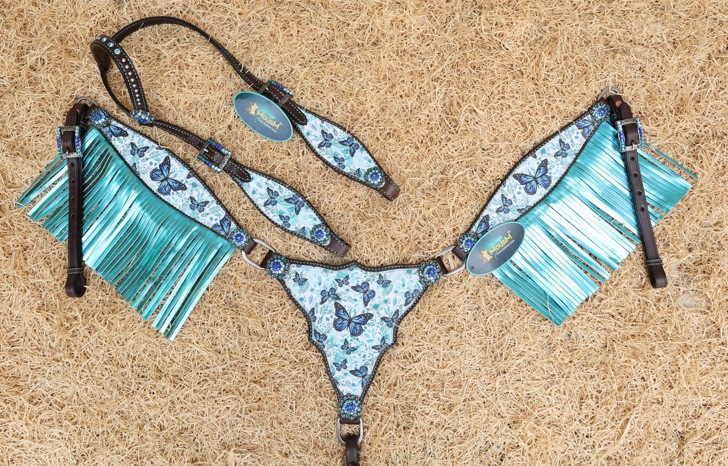 MOSUM Western Leather Horse Tack Set - Headstall & Breast Collar Decorated with Turquoise & Royal Blue Butterfly Print, Turquoise Metallic Fringe
