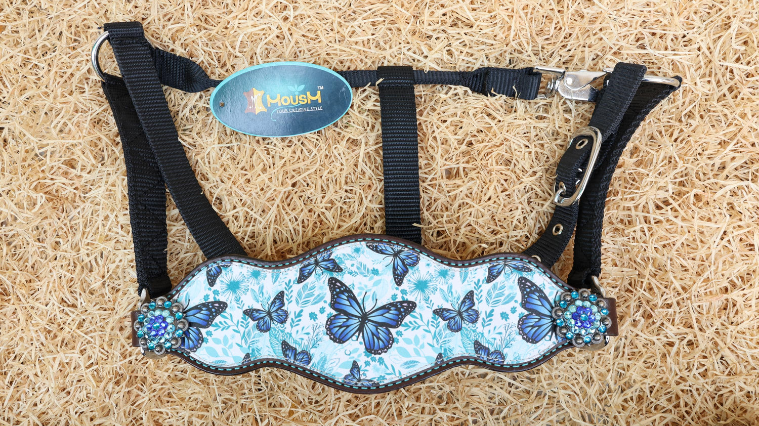 MOSUM Western Leather Horse Tack Set - Headstall & Breast Collar Decorated with Turquoise & Royal Blue Butterfly Print, Turquoise Metallic Fringe