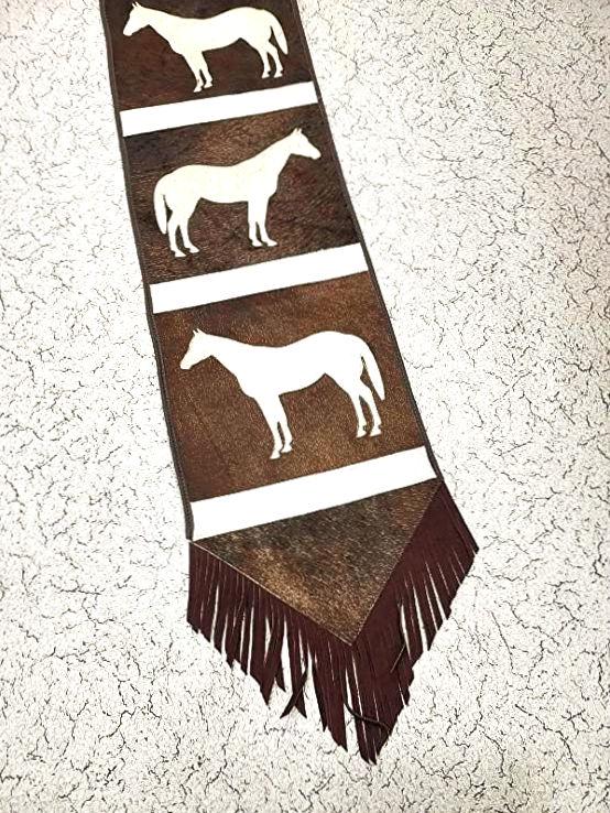 MOUSM Real Cow Hide Leather Table Runner - 72x12 inches, Rustic Farmhouse Table Centerpiece with Embroidered Horse Cutout Print and Brown Leather Fringes