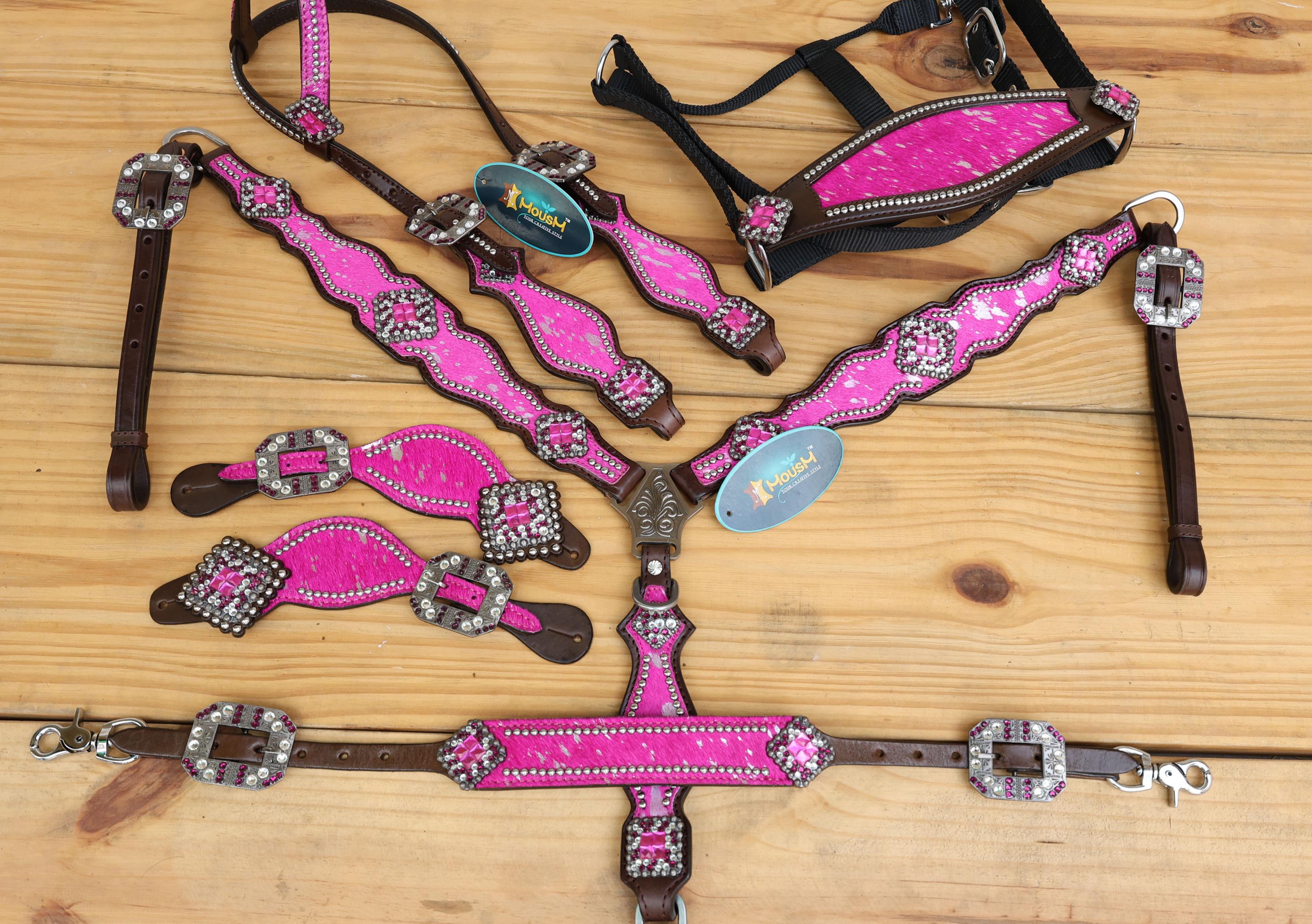 MOUSM Western Horse Tack Set - Made from Argentina Cow Leather Pink-Silver Metallic Acid Wash Cowhide Look with Rhinestones Conchos, Antique Nickel Hardware