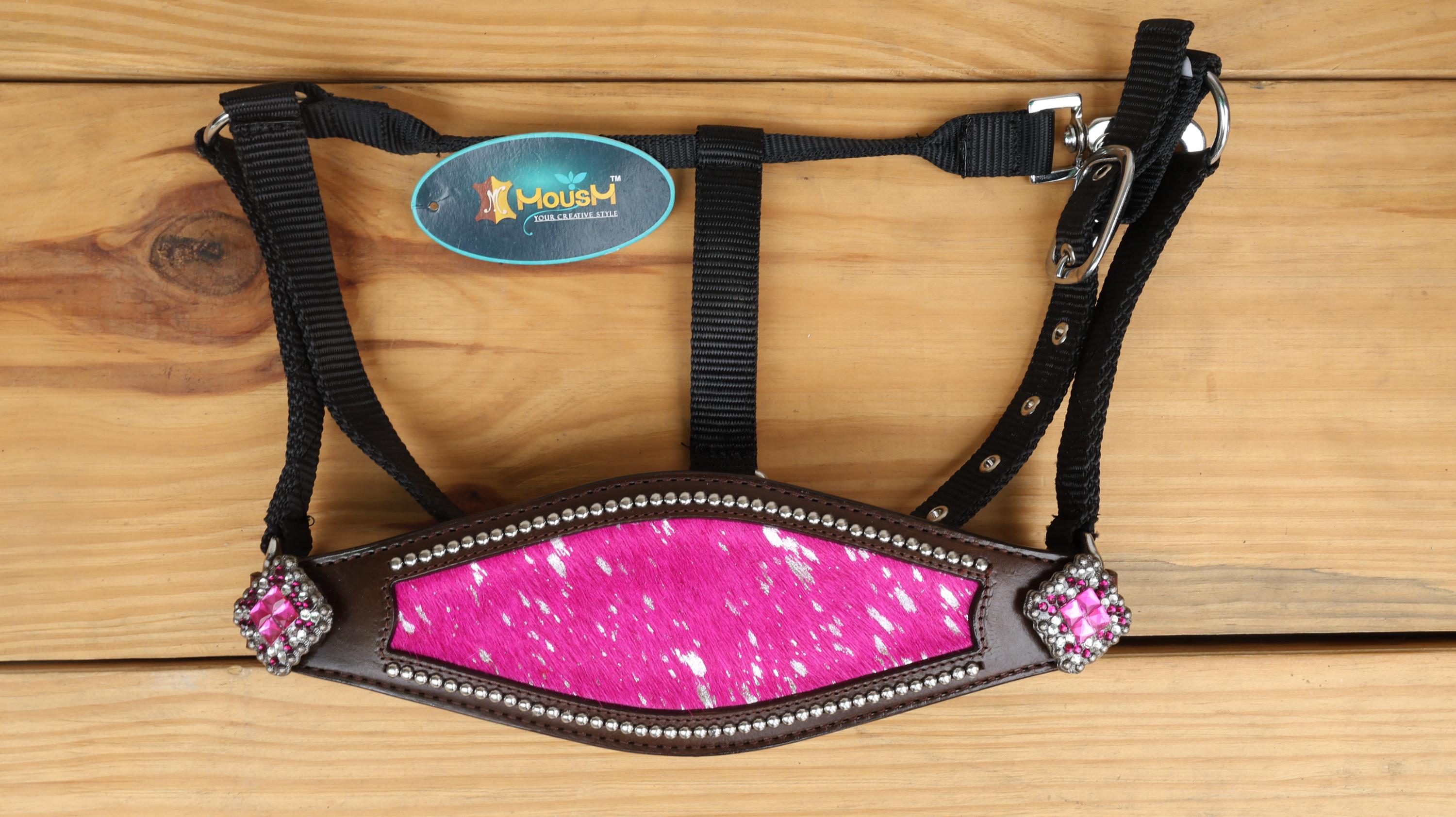MOUSM Western Horse Tack Set - Made from Argentina Cow Leather Pink-Silver Metallic Acid Wash Cowhide Look with Rhinestones Conchos, Antique Nickel Hardware
