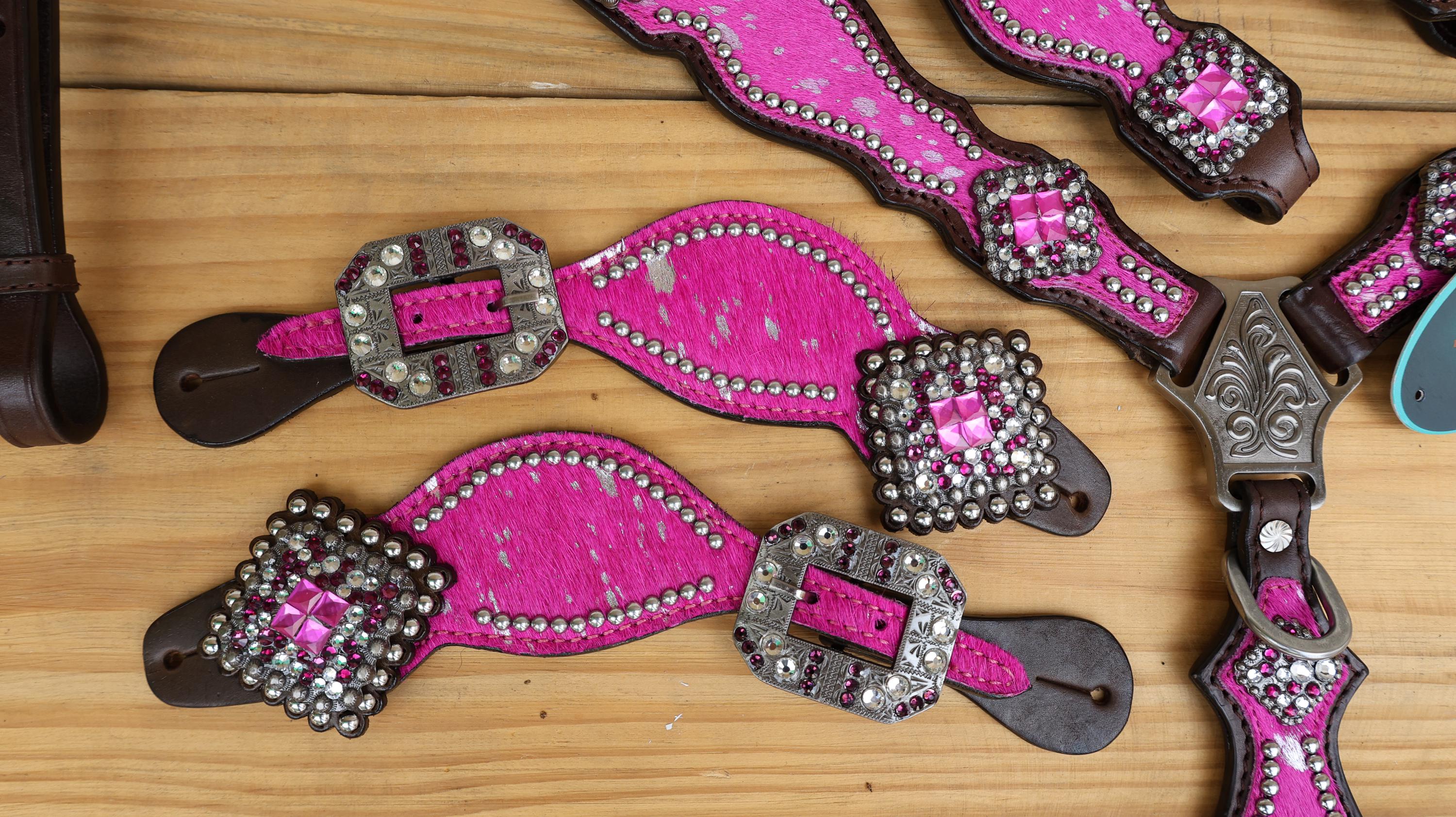 MOUSM Western Horse Tack Set - Made from Argentina Cow Leather Pink-Silver Metallic Acid Wash Cowhide Look with Rhinestones Conchos, Antique Nickel Hardware