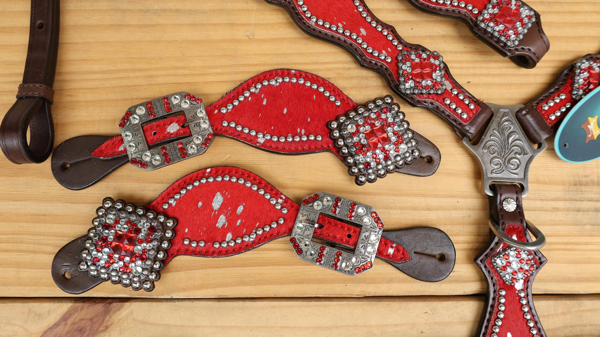 Red Silver Metallic Acid Wash Cowhide Complete Horse Tack Set