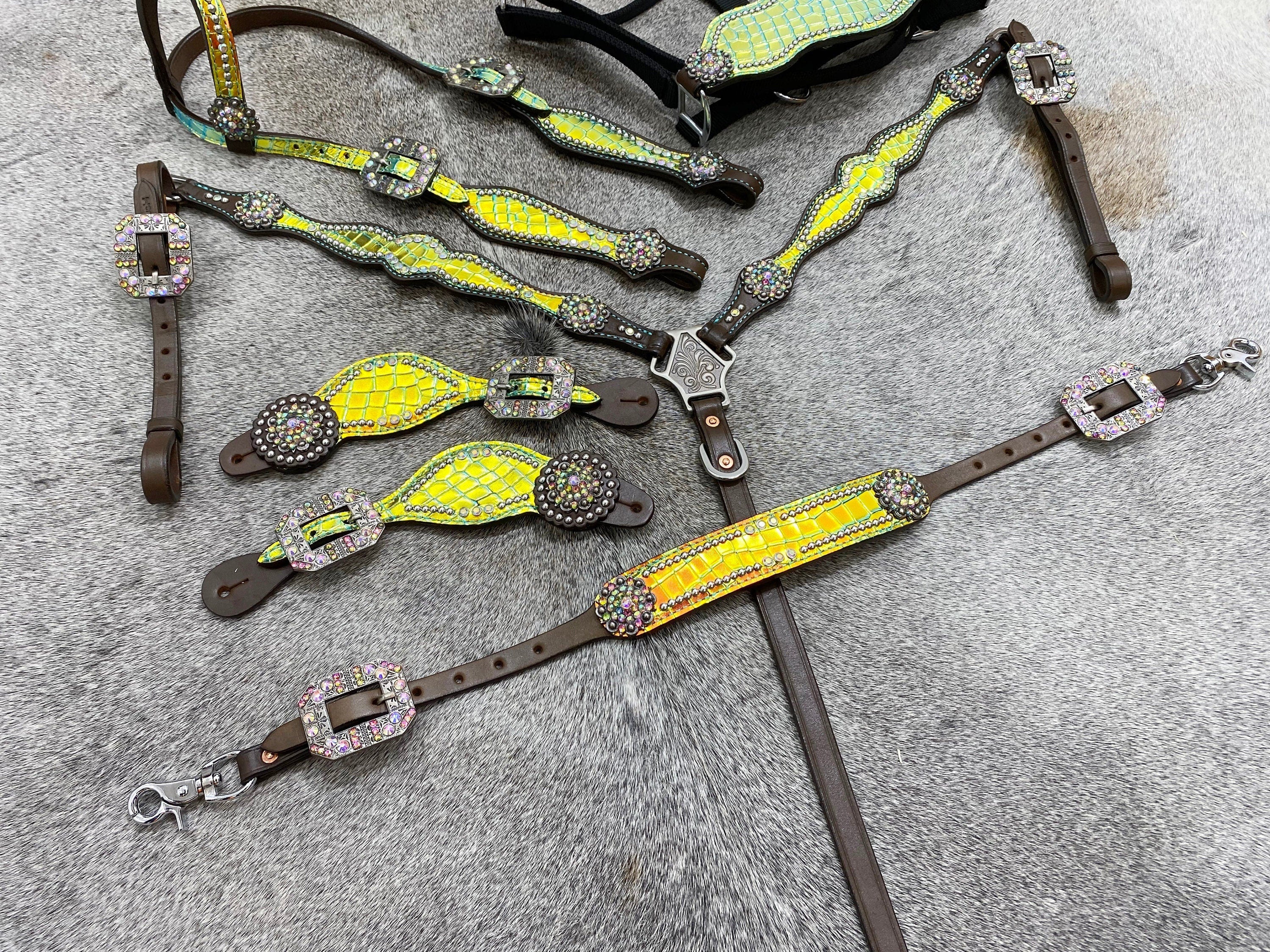 MOUSM Western Horse Bridle & Breast Collar Tack Set – Argentina Cow Leather Western Headstall Tack Decorated with Yellow & Green Holographic Metallic Carving