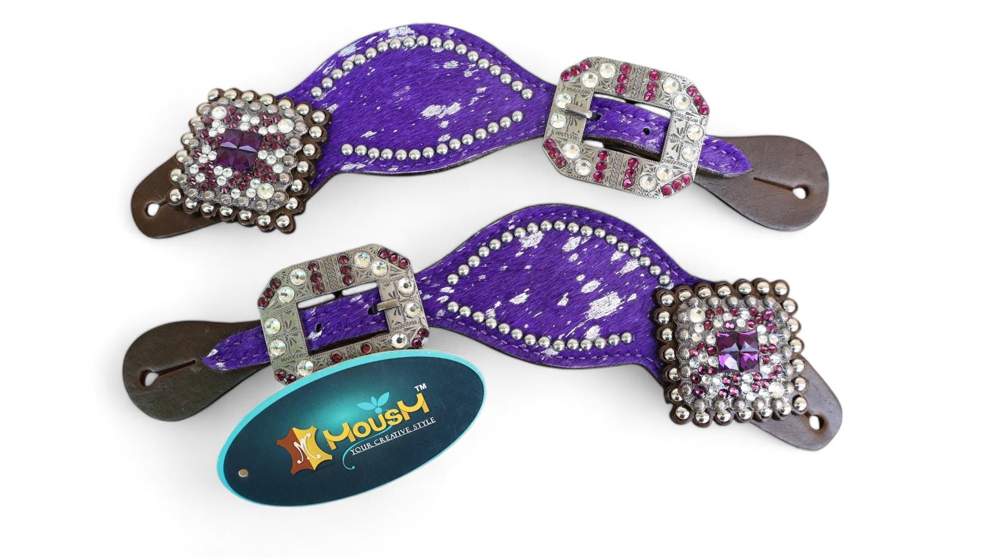 MOUSM Western Spur Straps – Argentina Cow Leather Ladies Spur Straps Decorated with Purple Metallic Acid Wash Cowhide, Rhinestone Conchos & Antique Nickel Hardware