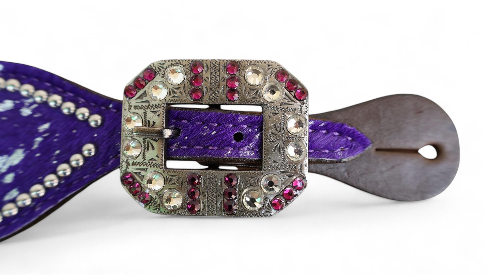 MOUSM Western Spur Straps – Argentina Cow Leather Ladies Spur Straps Decorated with Purple Metallic Acid Wash Cowhide, Rhinestone Conchos & Antique Nickel Hardware
