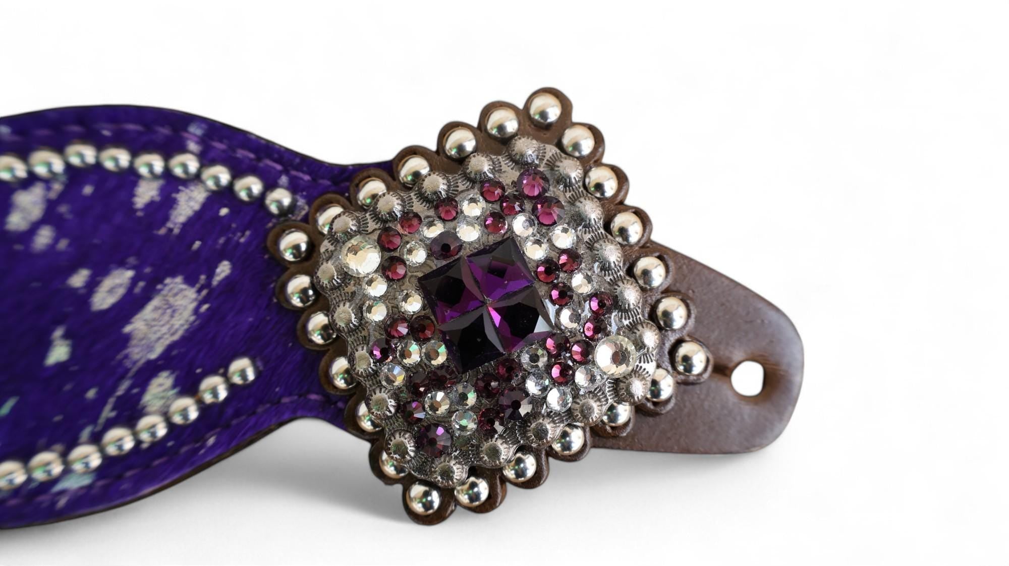 MOUSM Western Spur Straps – Argentina Cow Leather Ladies Spur Straps Decorated with Purple Metallic Acid Wash Cowhide, Rhinestone Conchos & Antique Nickel Hardware