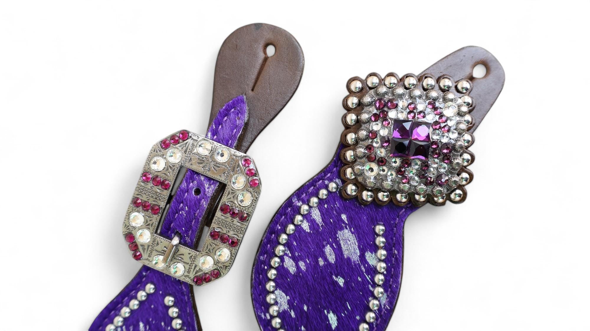 MOUSM Western Spur Straps – Argentina Cow Leather Ladies Spur Straps Decorated with Purple Metallic Acid Wash Cowhide, Rhinestone Conchos & Antique Nickel Hardware