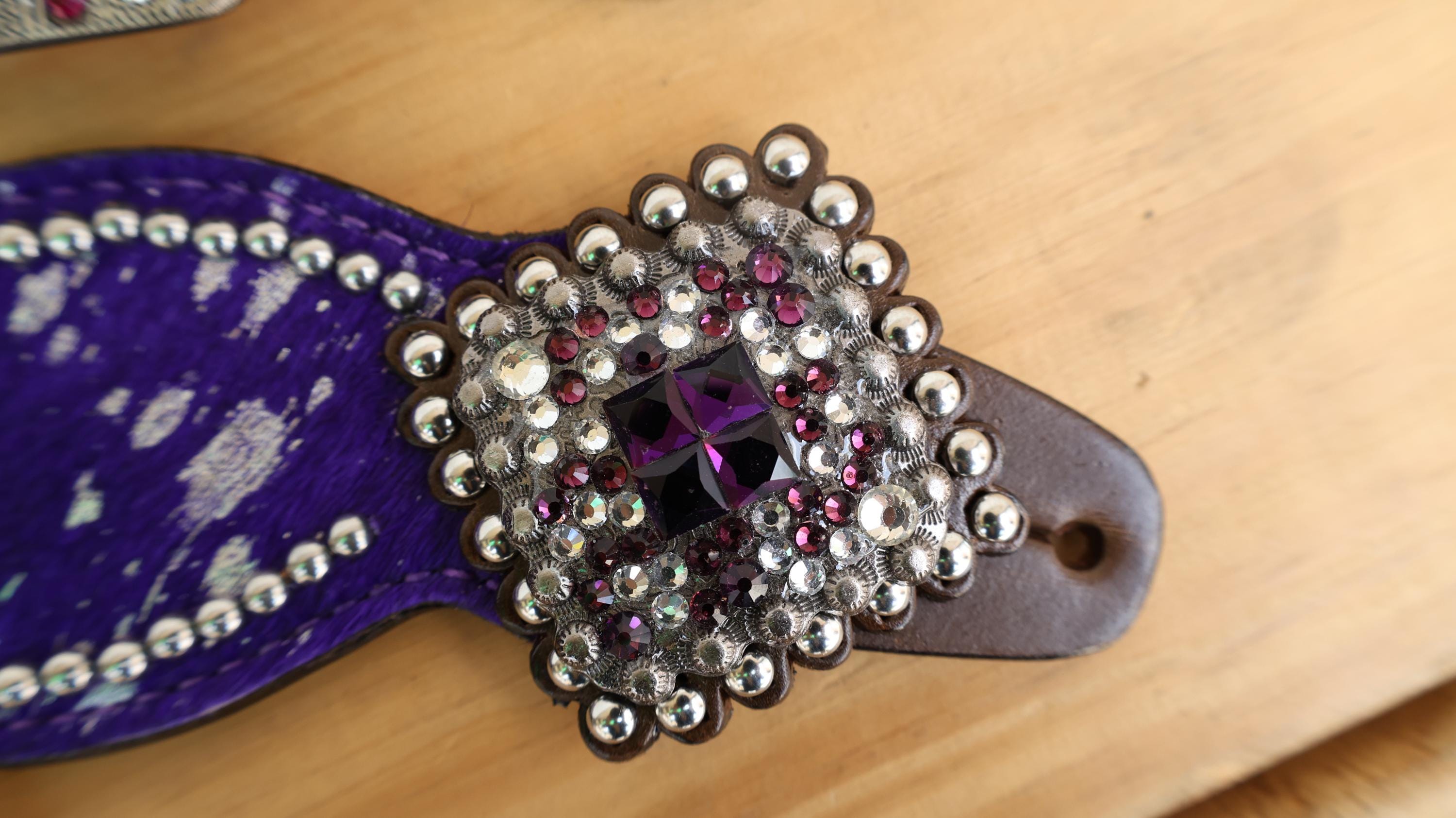MOUSM Western Spur Straps – Argentina Cow Leather Ladies Spur Straps Decorated with Purple Metallic Acid Wash Cowhide, Rhinestone Conchos & Antique Nickel Hardware