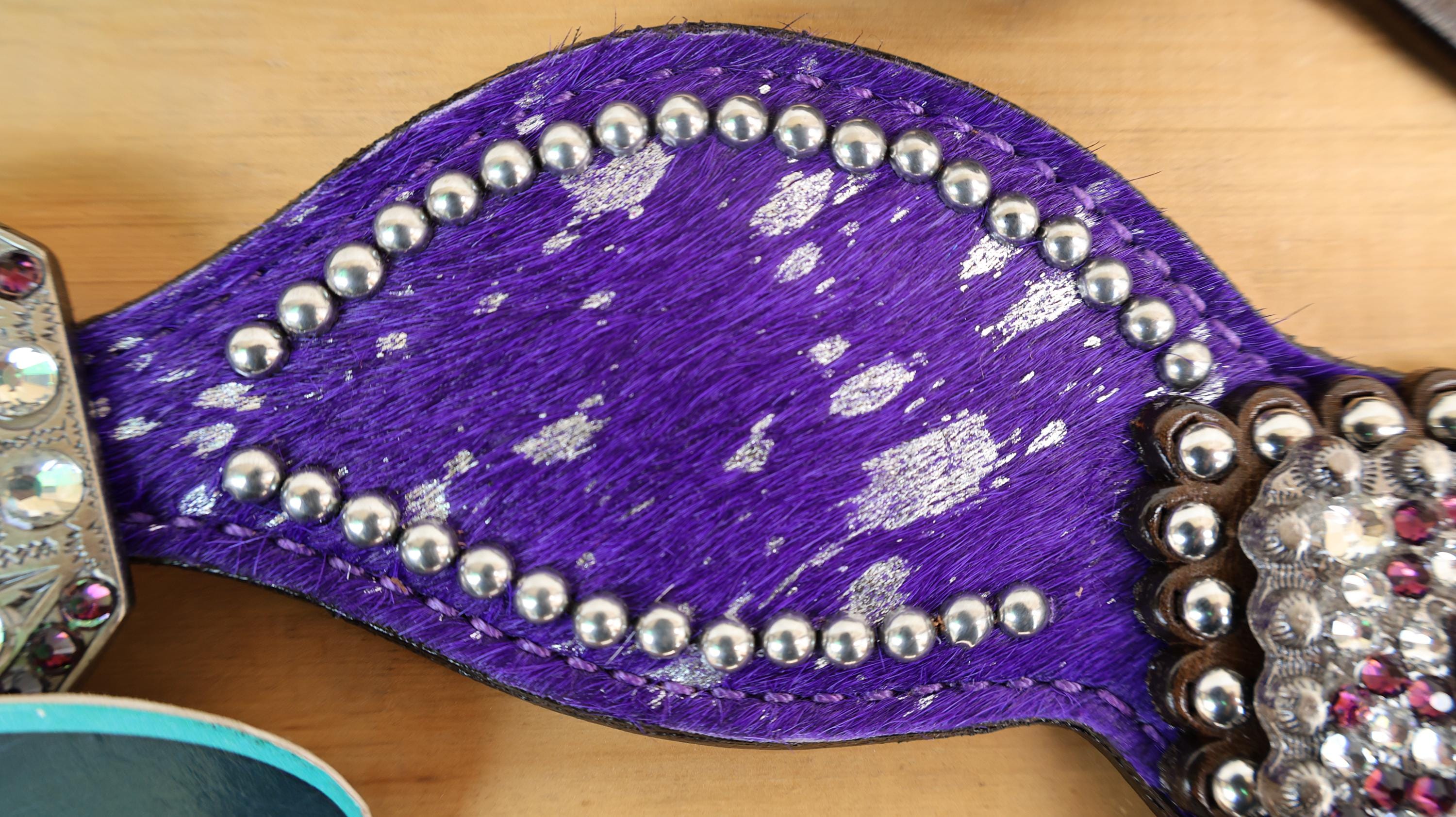MOUSM Western Spur Straps – Argentina Cow Leather Ladies Spur Straps Decorated with Purple Metallic Acid Wash Cowhide, Rhinestone Conchos & Antique Nickel Hardware