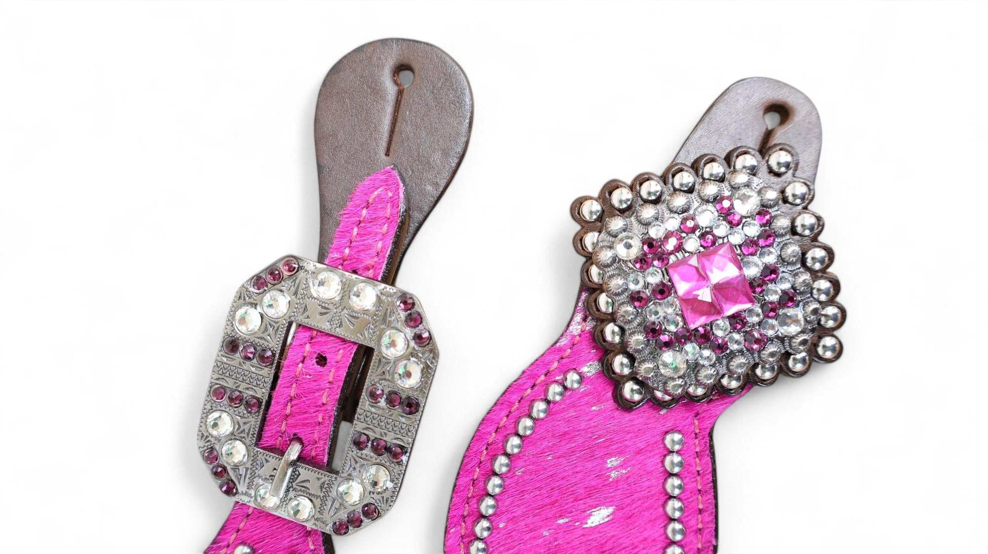 MOUSM Western Spur Straps – Argentina Cow Leather Ladies Spur Straps Decorated with Pink Metallic Acid Wash Cowhide, Rhinestone Conchos & Antique Nickel Hardware