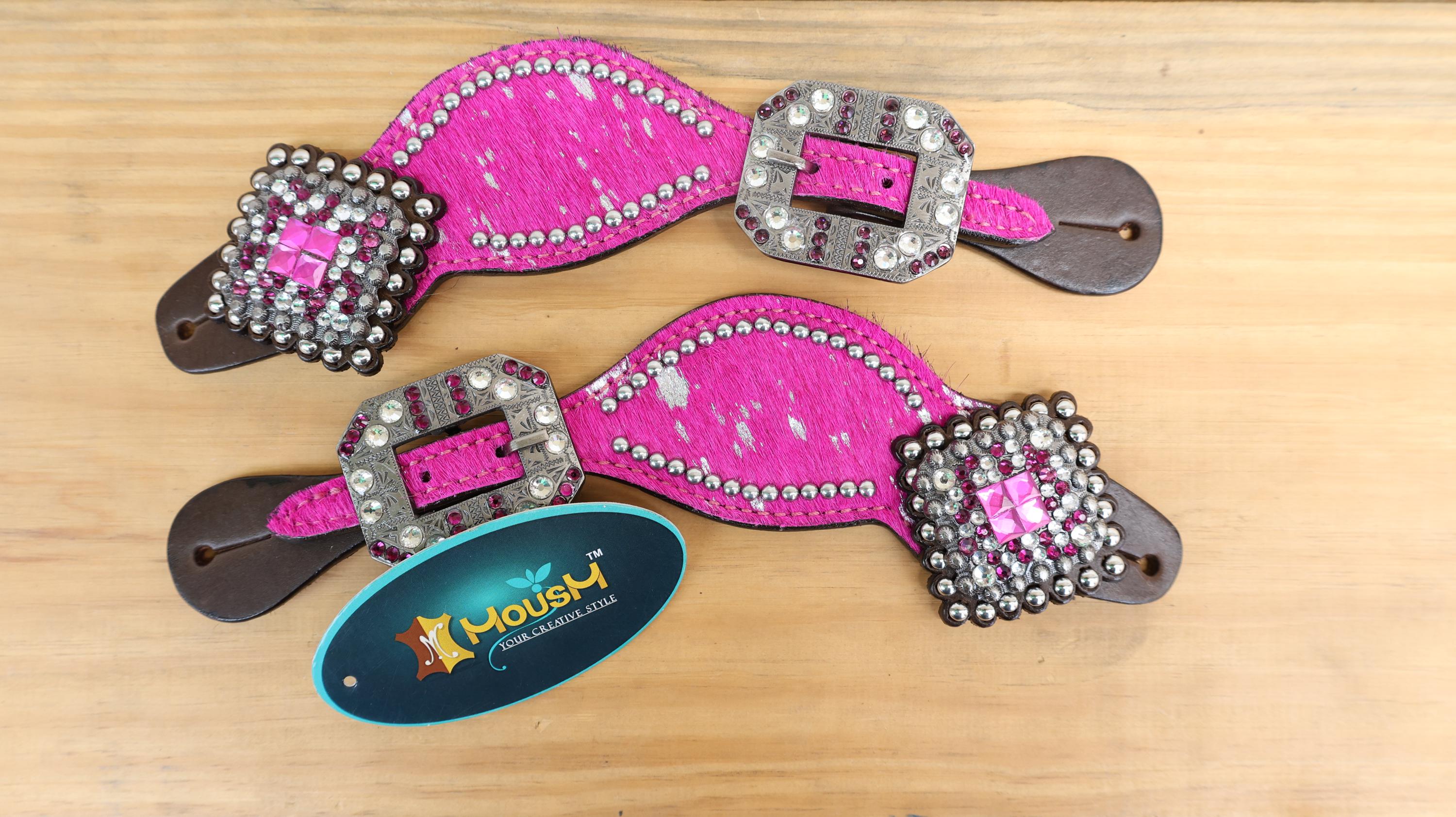 MOUSM Western Spur Straps – Argentina Cow Leather Ladies Spur Straps Decorated with Pink Metallic Acid Wash Cowhide, Rhinestone Conchos & Antique Nickel Hardware