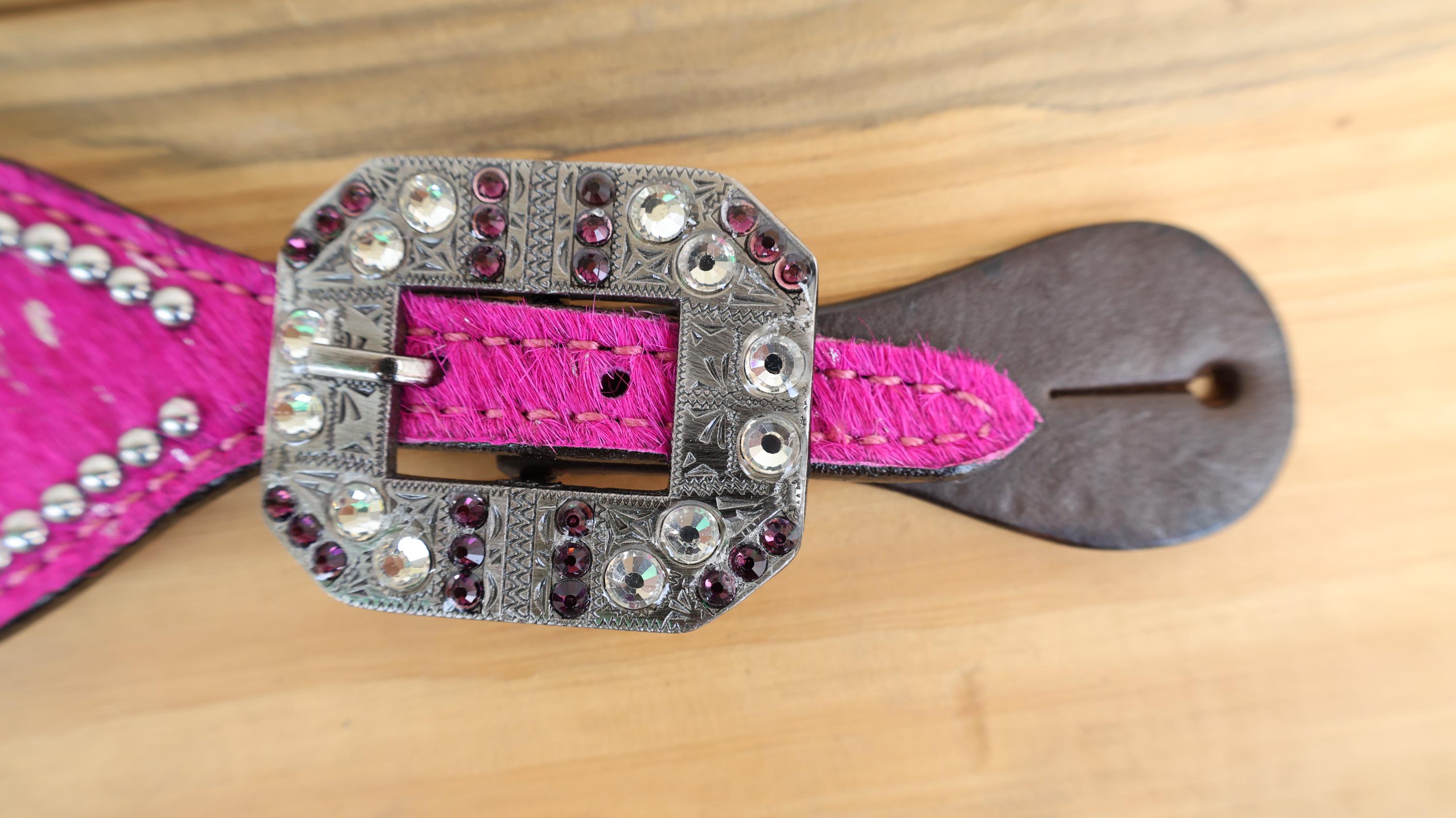 MOUSM Western Spur Straps – Argentina Cow Leather Ladies Spur Straps Decorated with Pink Metallic Acid Wash Cowhide, Rhinestone Conchos & Antique Nickel Hardware