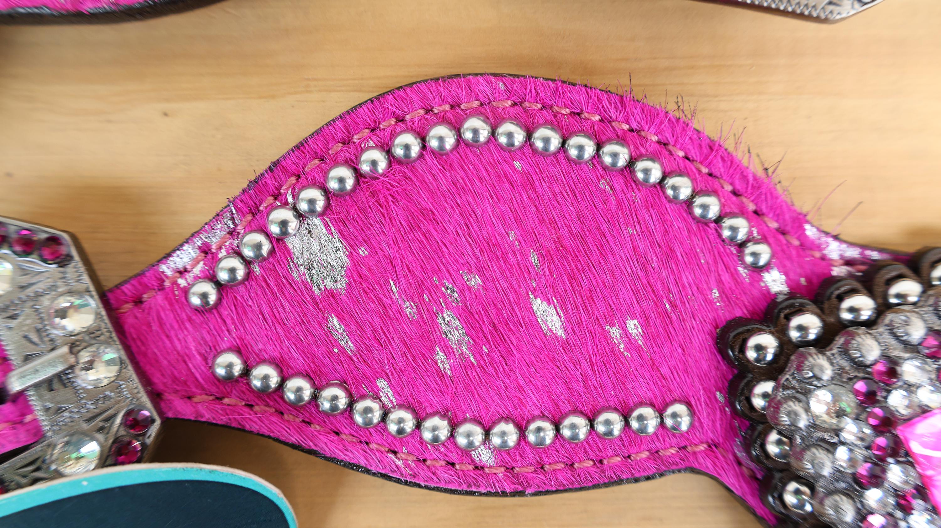 MOUSM Western Spur Straps – Argentina Cow Leather Ladies Spur Straps Decorated with Pink Metallic Acid Wash Cowhide, Rhinestone Conchos & Antique Nickel Hardware