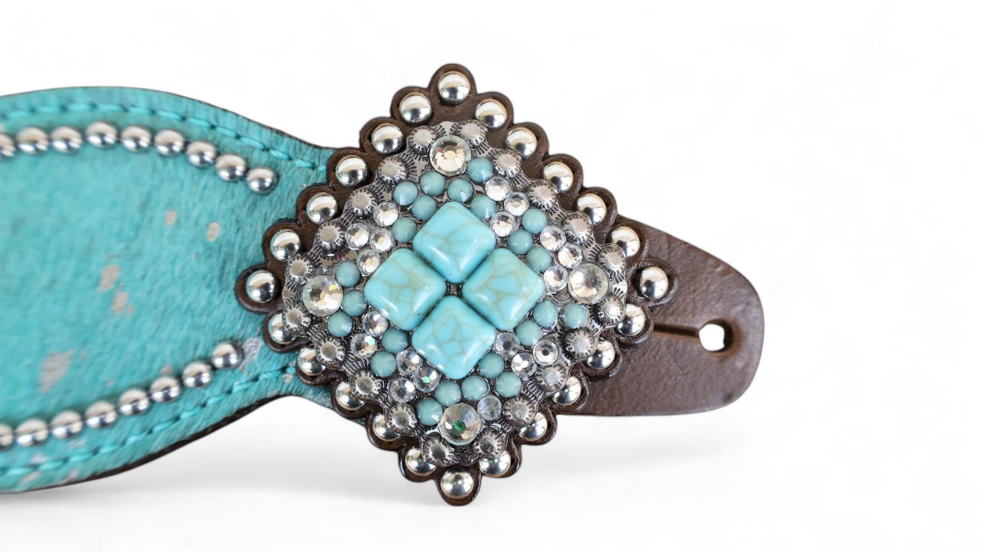 MOUSM Western Spur Straps – Argentina Cow Leather Ladies Spur Straps Decorated with Turquoise Teal Metallic Acid Wash Cowhide & Antique Nickel Hardware