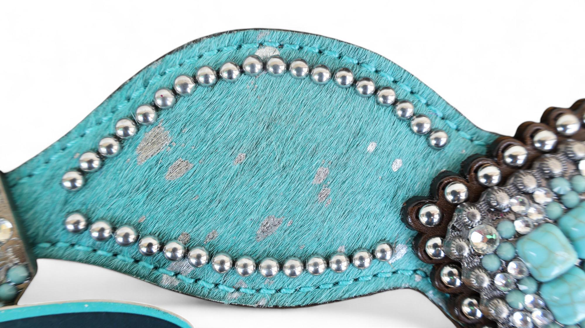 MOUSM Western Spur Straps – Argentina Cow Leather Ladies Spur Straps Decorated with Turquoise Teal Metallic Acid Wash Cowhide & Antique Nickel Hardware