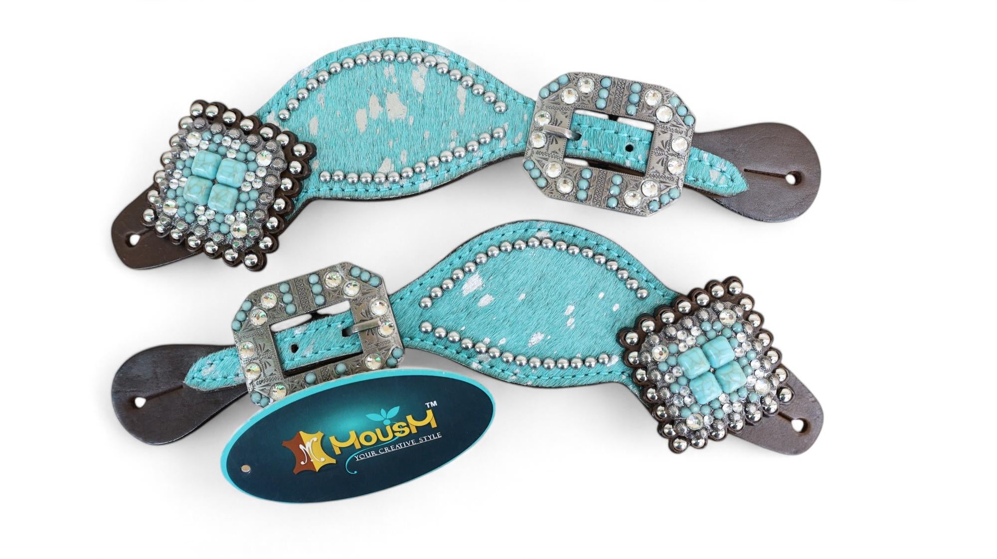 MOUSM Western Spur Straps – Argentina Cow Leather Ladies Spur Straps Decorated with Turquoise Teal Metallic Acid Wash Cowhide & Antique Nickel Hardware