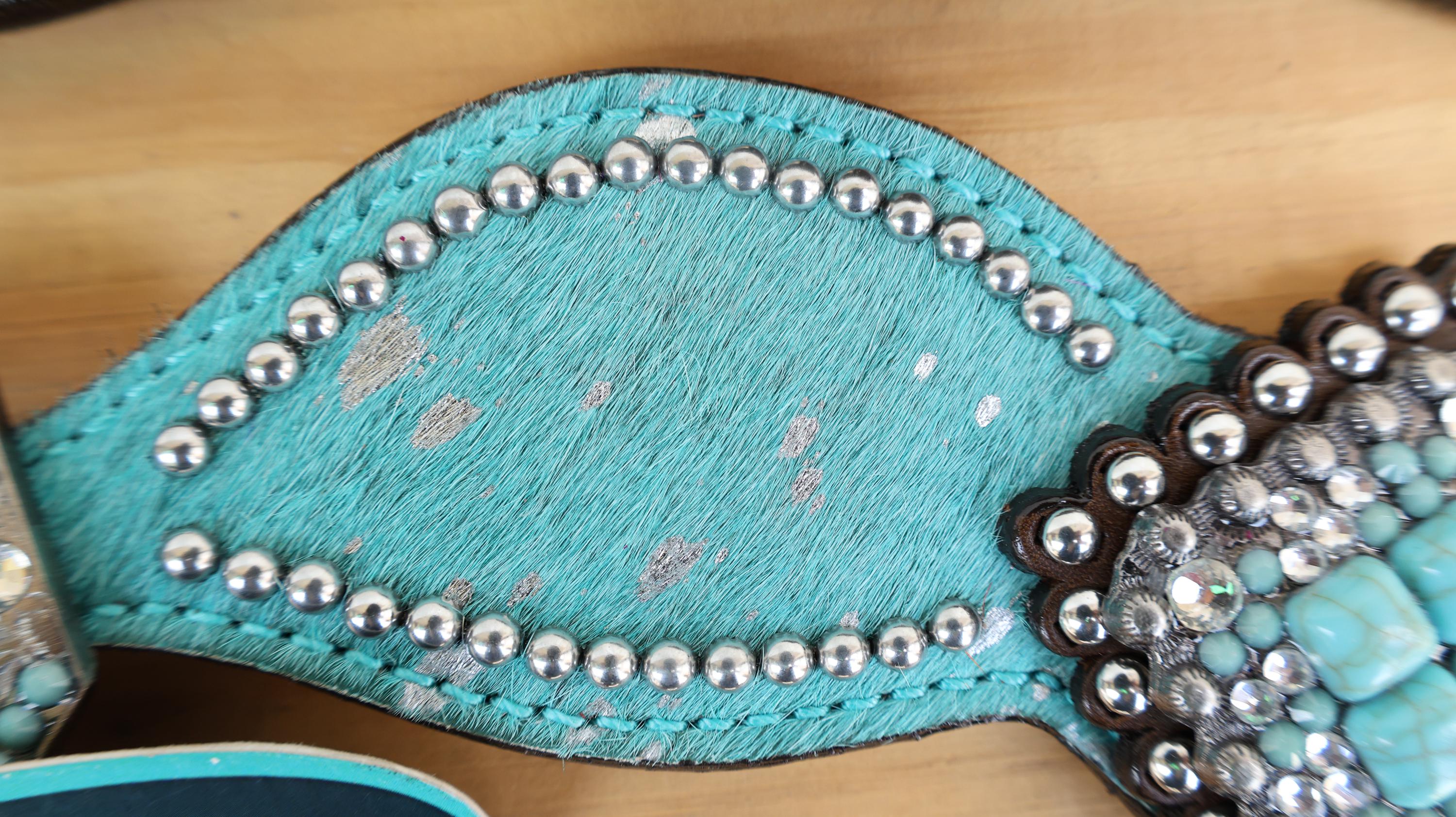 MOUSM Western Spur Straps – Argentina Cow Leather Ladies Spur Straps Decorated with Turquoise Teal Metallic Acid Wash Cowhide & Antique Nickel Hardware