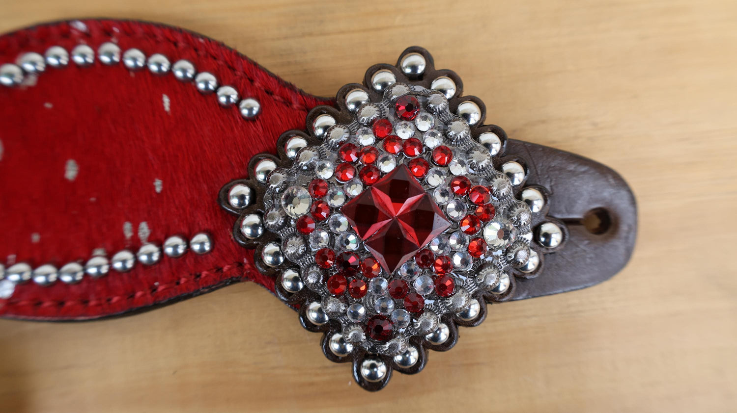 MOUSM Western Spur Straps – Argentina Cow Leather Ladies Spur Straps Decorated with Red Metallic Acid Wash Cowhide, Rhinestone Conchos & Antique Nickel Hardware