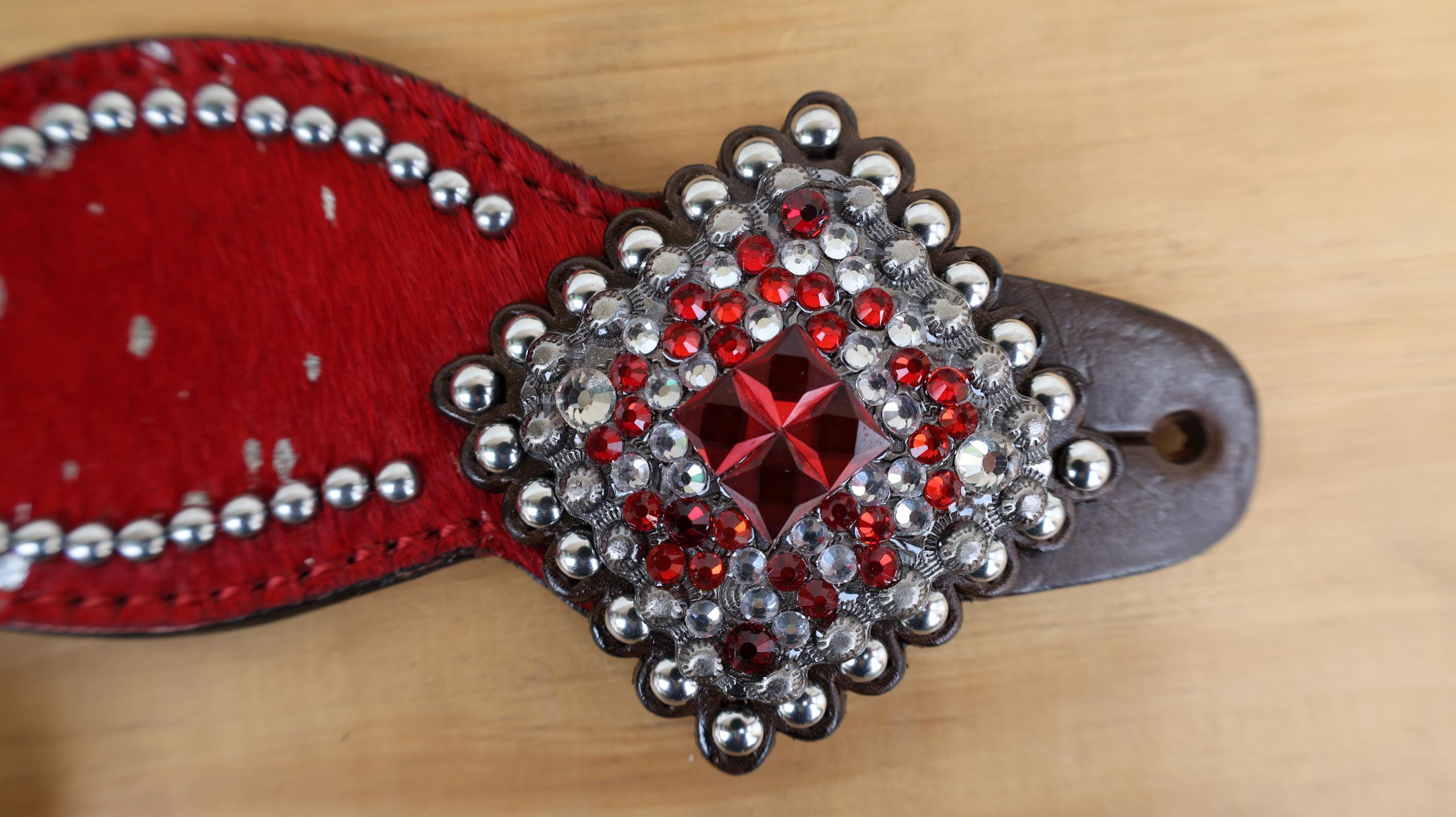 MOUSM Western Spur Straps – Argentina Cow Leather Ladies Spur Straps Decorated with Red Metallic Acid Wash Cowhide, Rhinestone Conchos & Antique Nickel Hardware