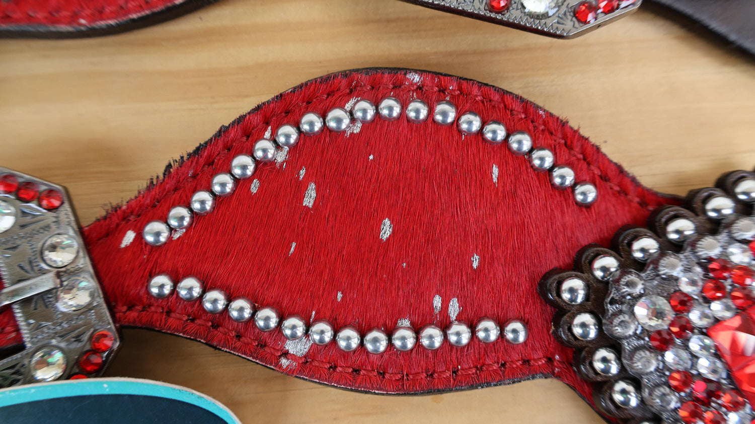 MOUSM Western Spur Straps – Argentina Cow Leather Ladies Spur Straps Decorated with Red Metallic Acid Wash Cowhide, Rhinestone Conchos & Antique Nickel Hardware