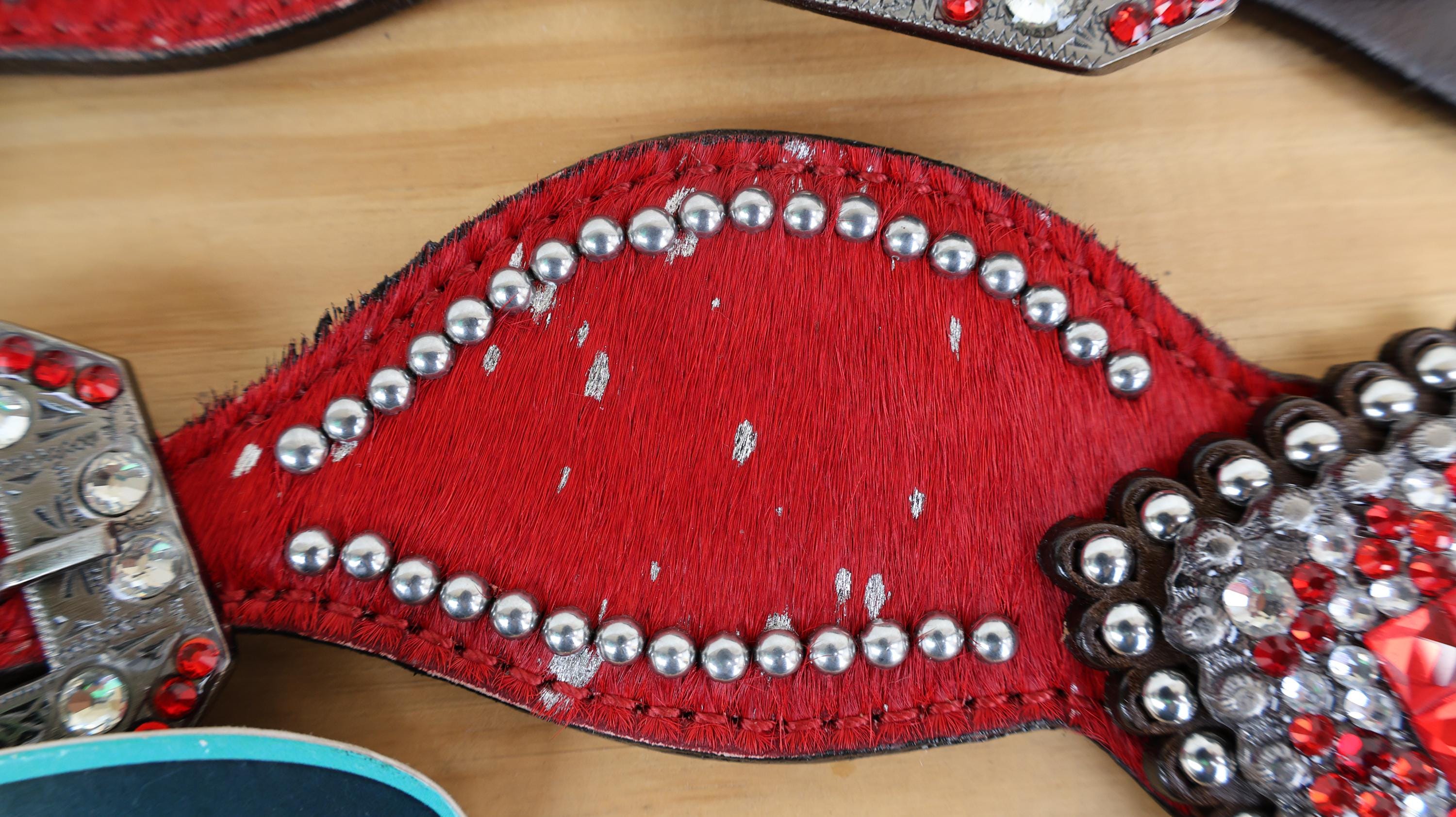 MOUSM Western Spur Straps – Argentina Cow Leather Ladies Spur Straps Decorated with Red Metallic Acid Wash Cowhide, Rhinestone Conchos & Antique Nickel Hardware