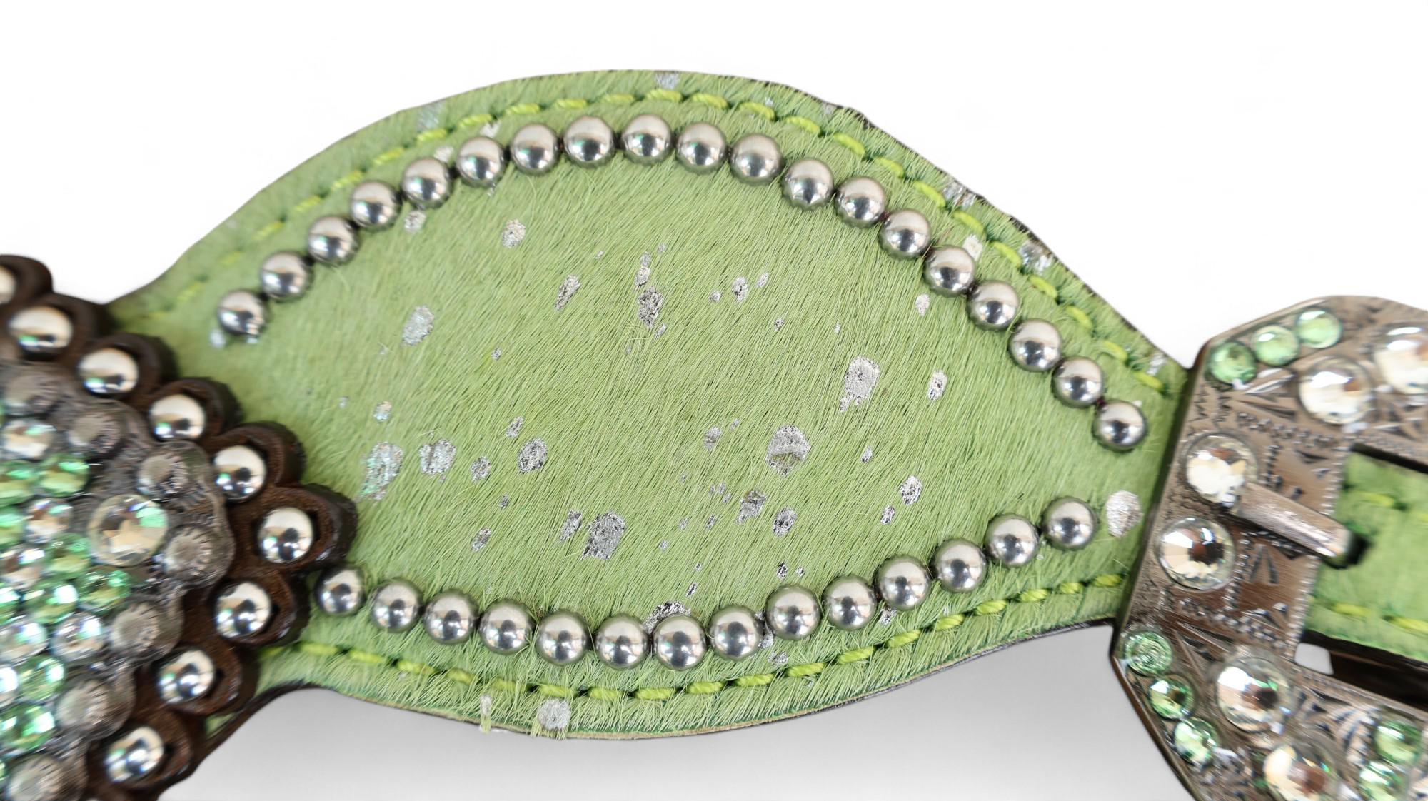MOUSM Western Spur Straps – Argentina Cow Leather Ladies Spur Straps Decorated with Lime Green Metallic Acid Wash Cowhide, Rhinestone Conchos & Antique Nickel Hardware